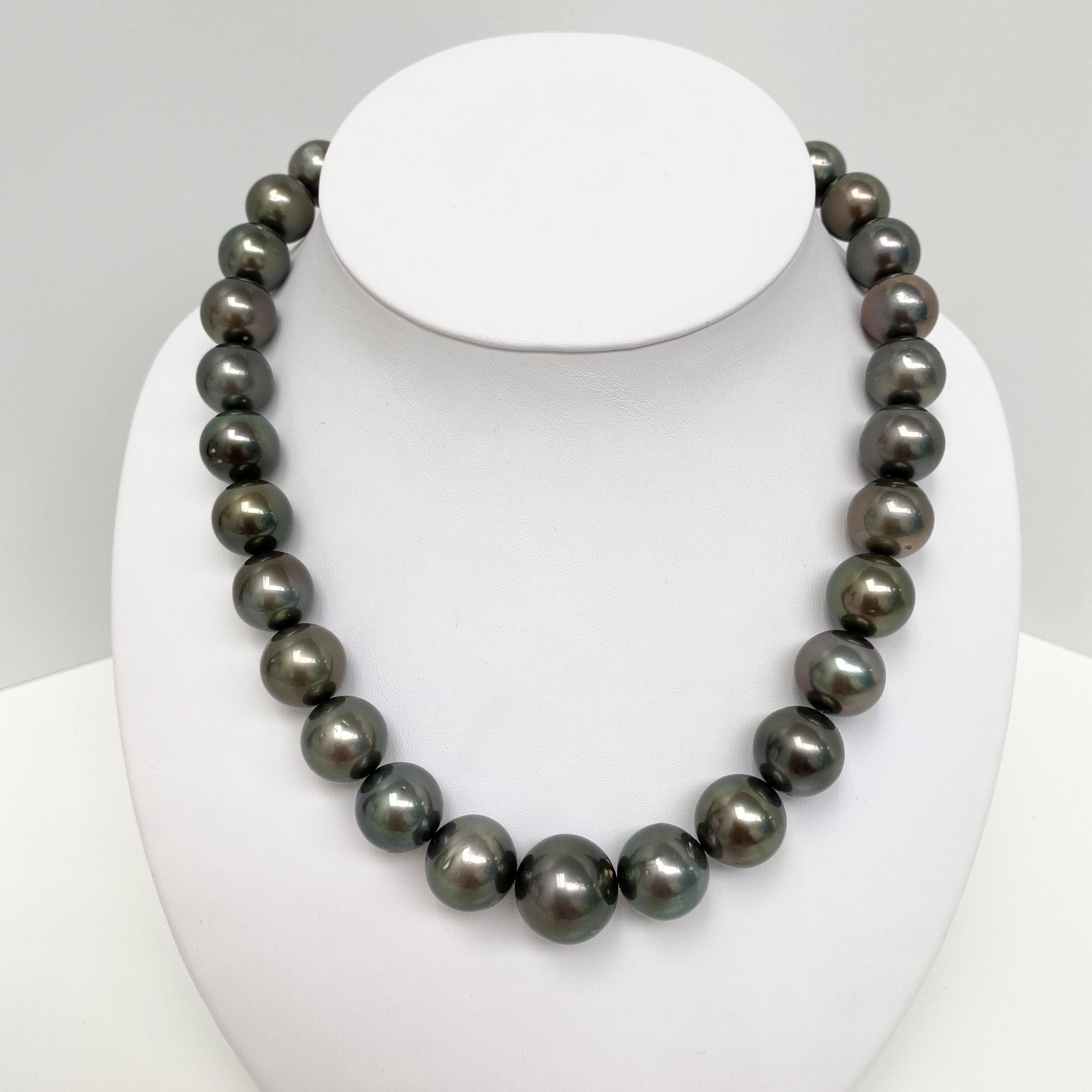 Bead Tahitian Dark Near-Round Pearl Necklace with Gold Clasp For Sale