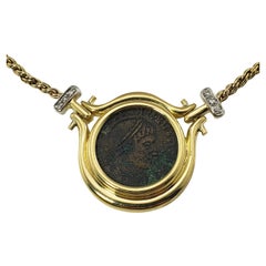 14/18 Karat Yellow Gold and Diamond Roman Coin Pendant Necklace