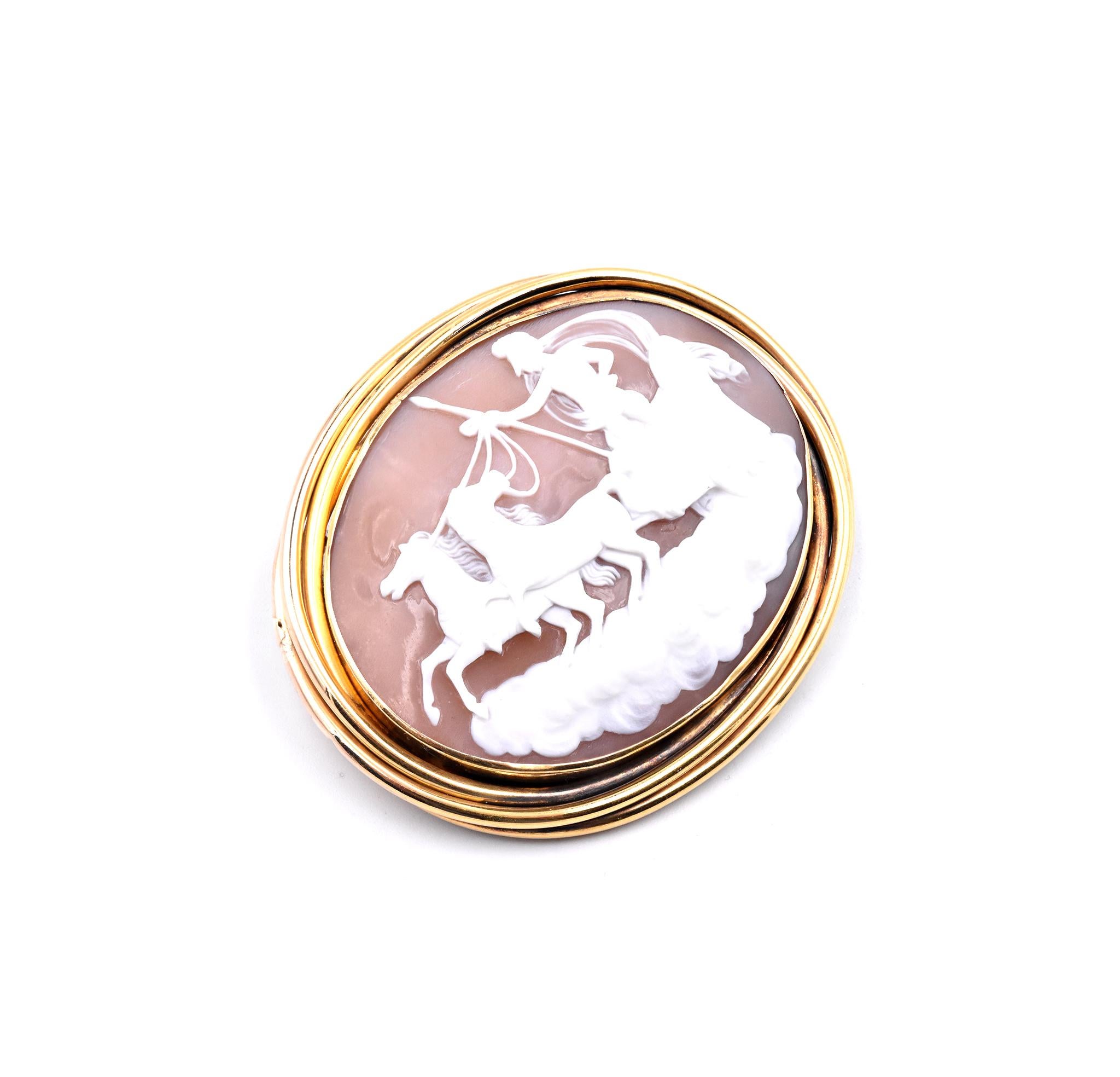 14/18 Karat Yellow Gold Chariot Cameo Pin In Excellent Condition For Sale In Scottsdale, AZ