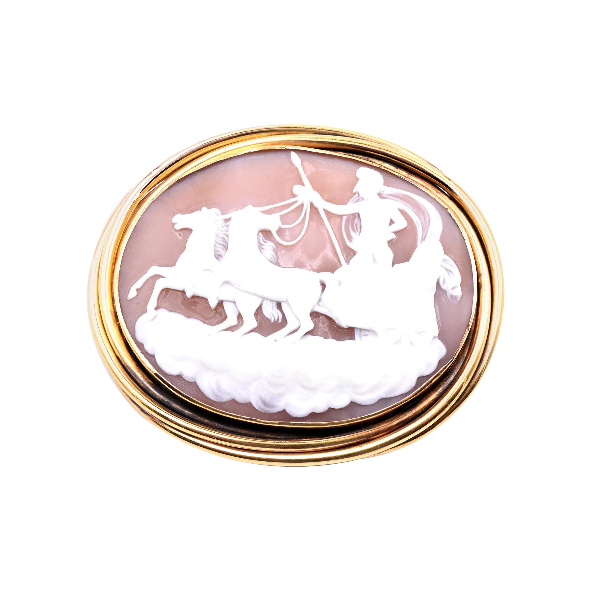14/18 Karat Yellow Gold Chariot Cameo Pin For Sale