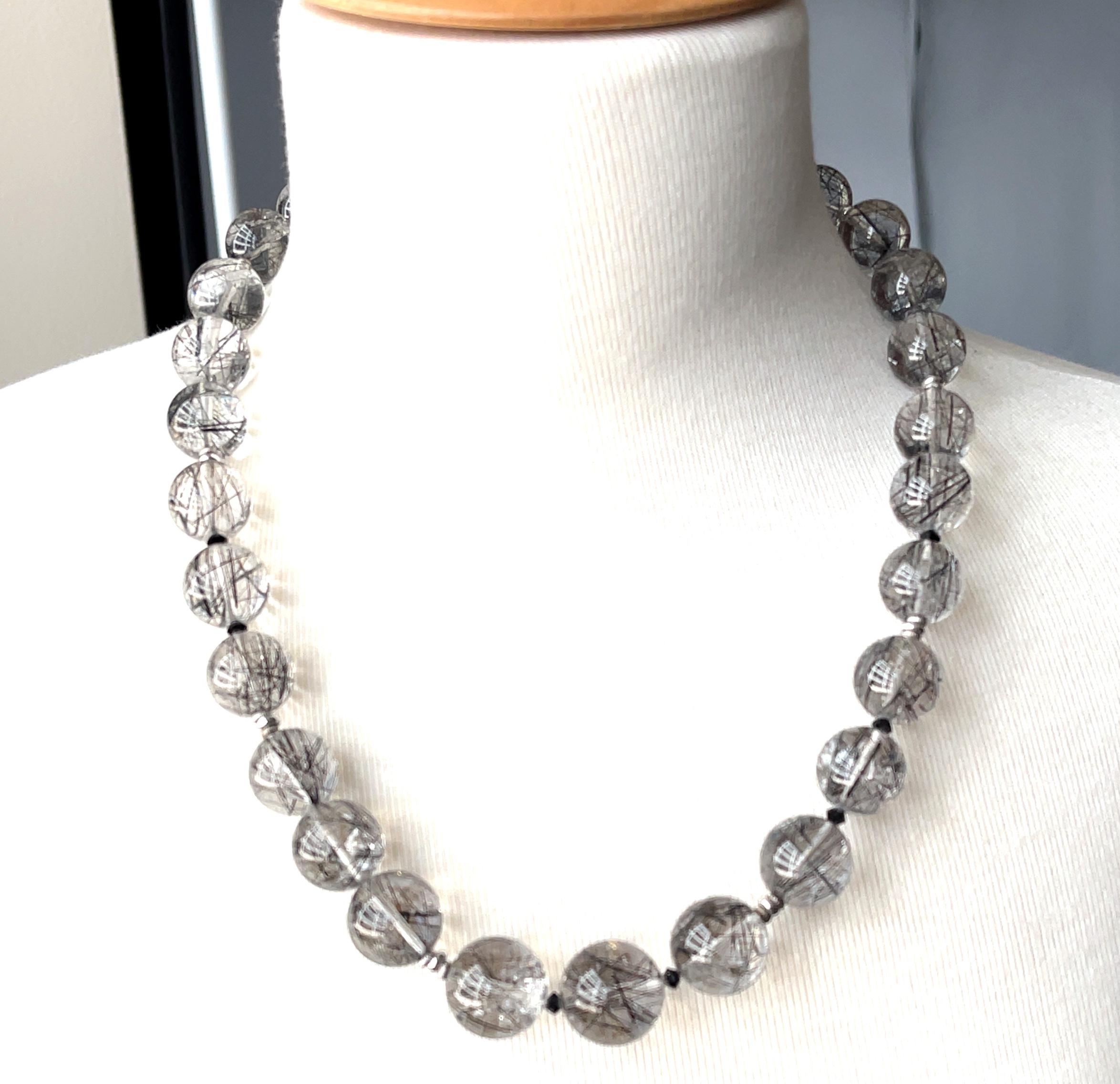 Women's 14-18mm Tourmalinated Quartz Bead Necklace with 14k White Gold Clasp and Spacers