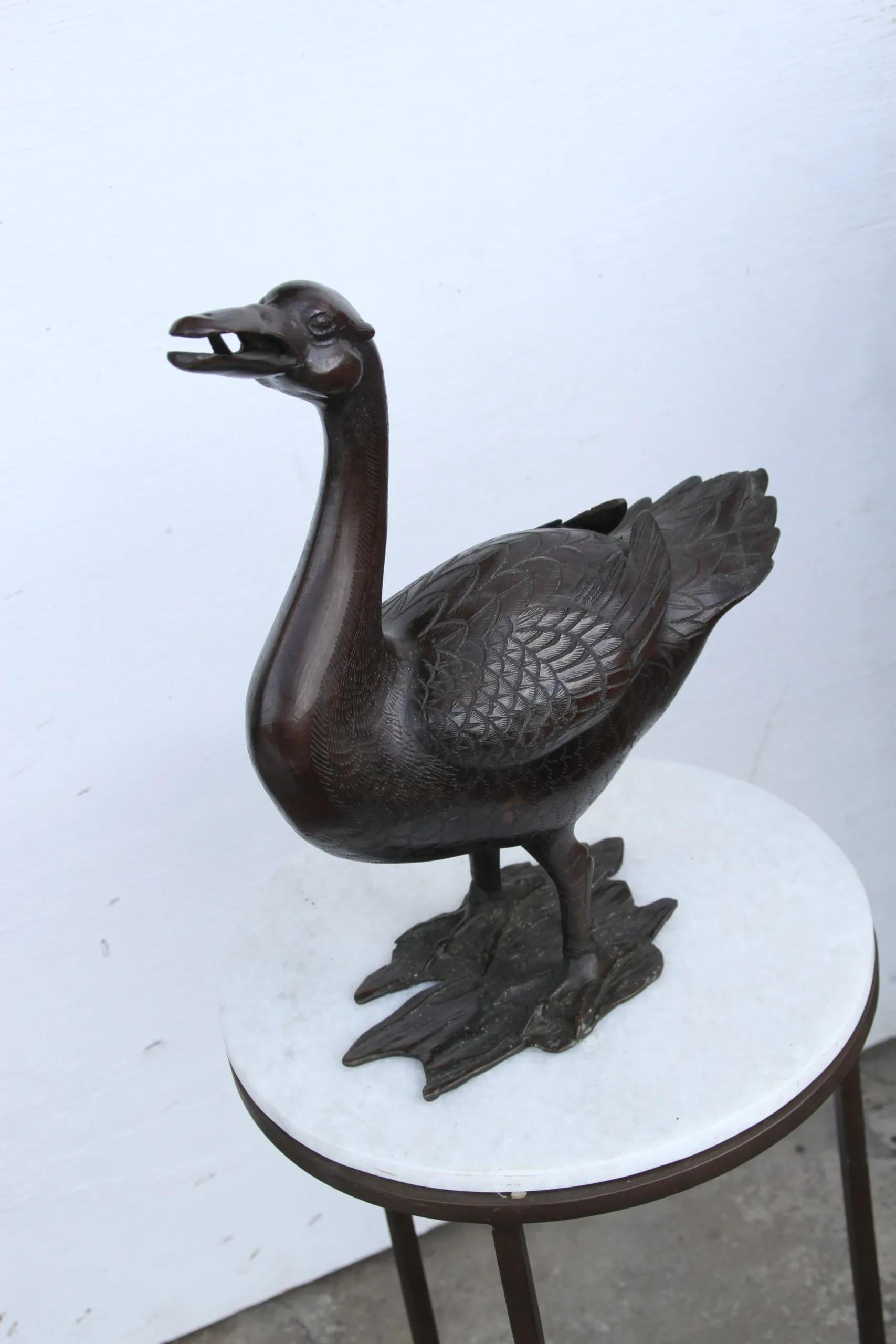 Bronze standing duck.

Standing neck raised and mouth open with detailed feathers. 
14.5 high.