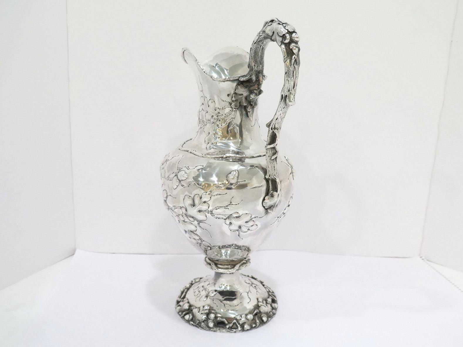 14 3/8 in - Coin Silver Lincoln & Foss, Boston Antique Oak Motif Pitcher For Sale 1