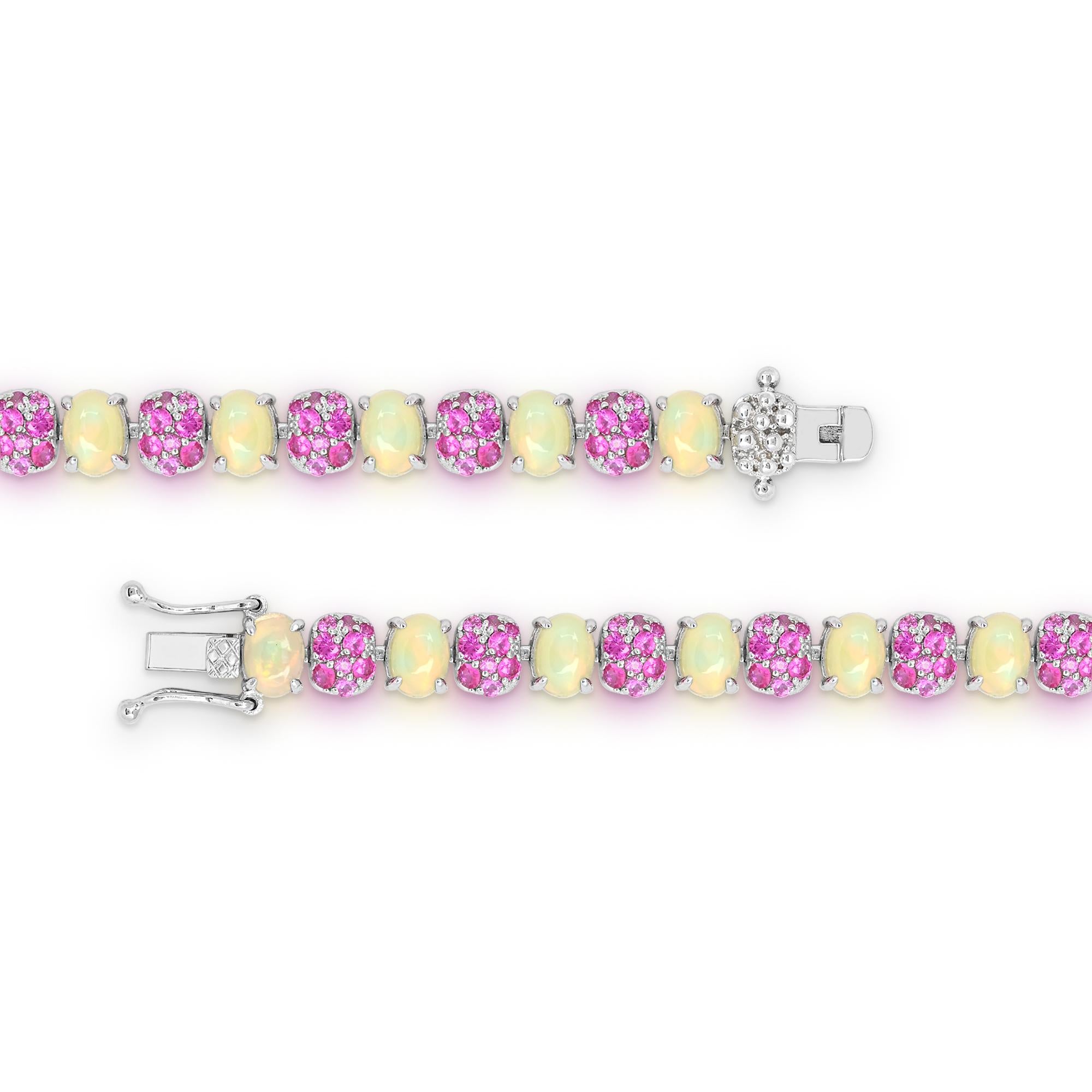 Contemporary 14-7/8 ct. Oval Opal and Cluster Setting Pink Sapphire Sterling Silver Bracelet For Sale