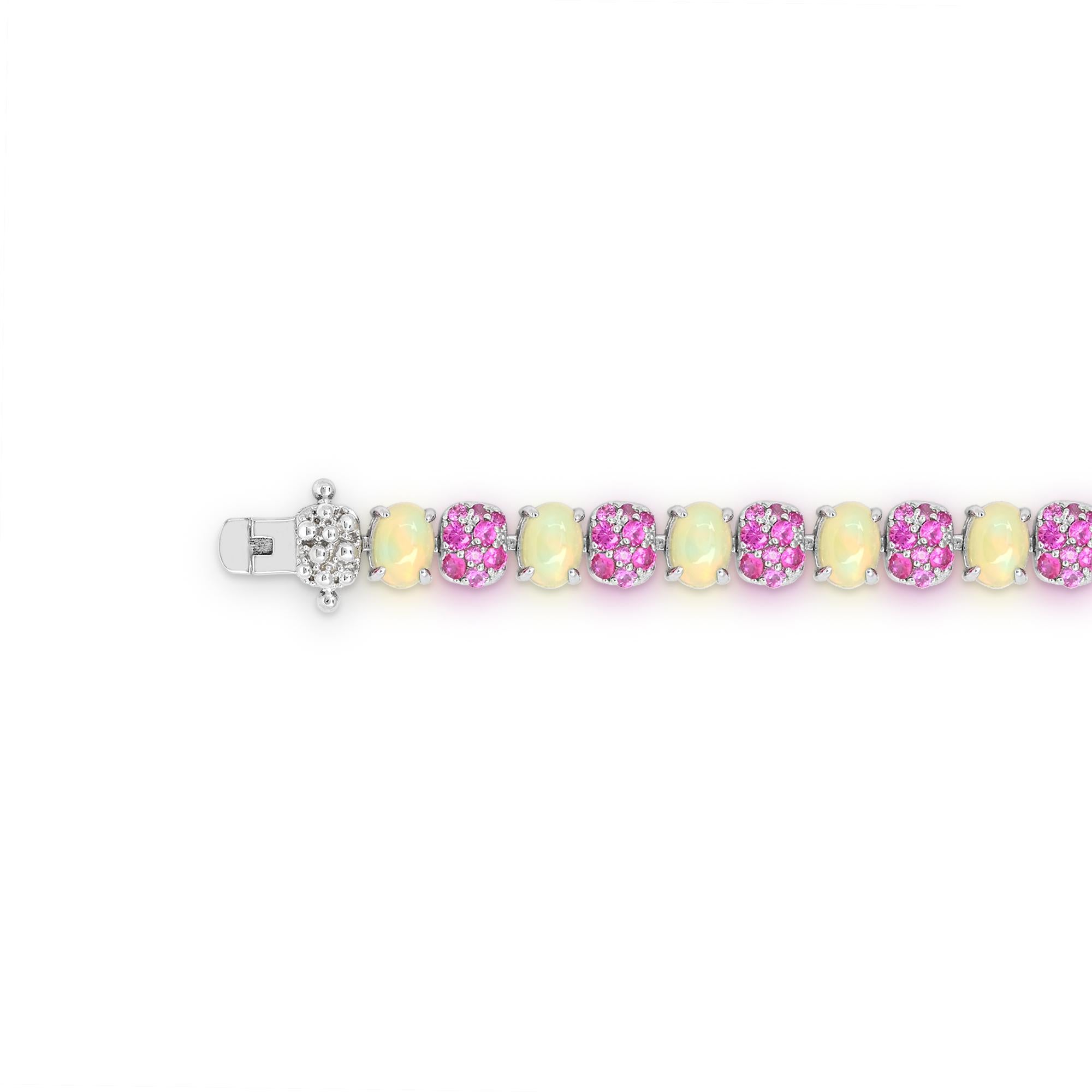 Oval Cut 14-7/8 ct. Oval Opal and Cluster Setting Pink Sapphire Sterling Silver Bracelet For Sale