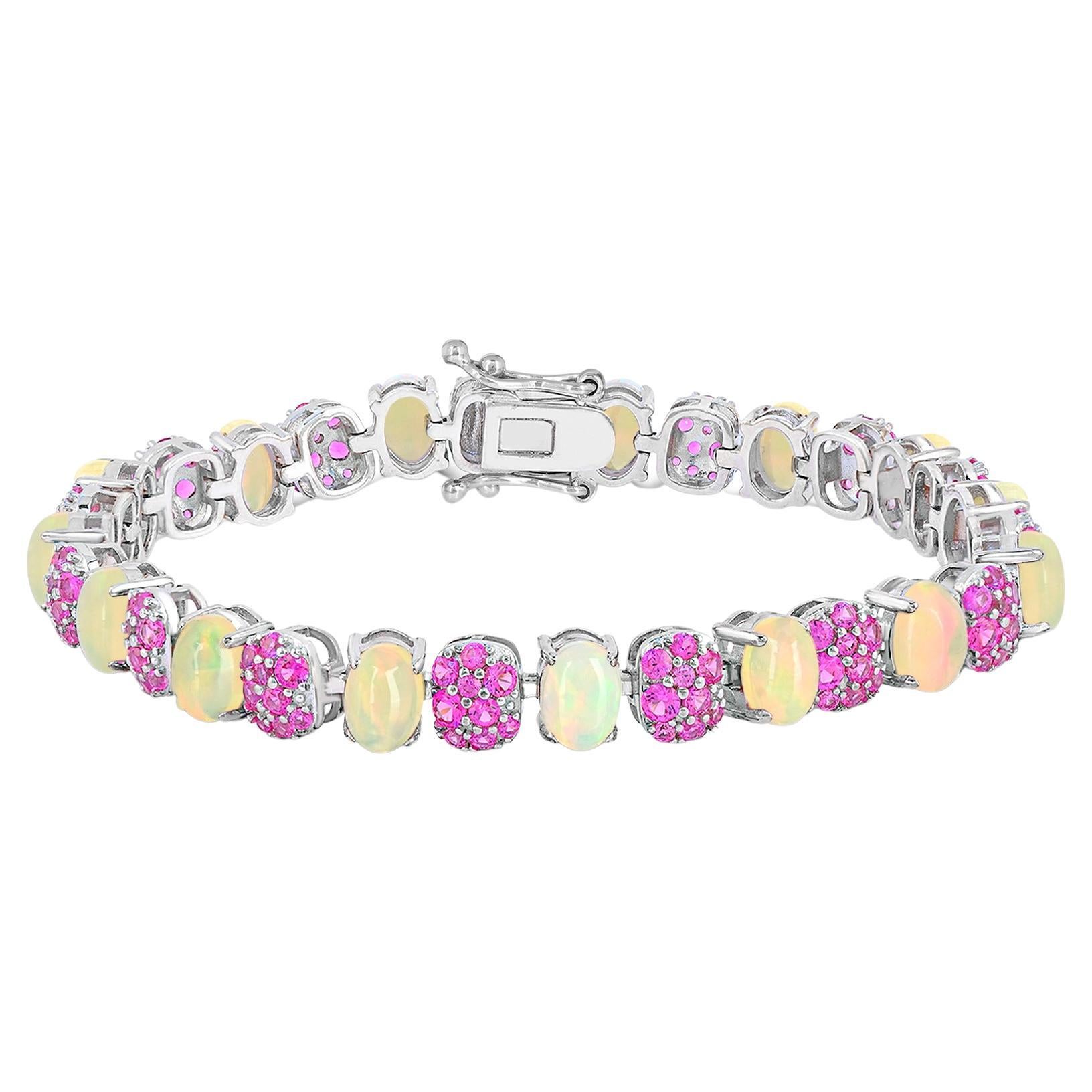 14-7/8 ct. Oval Opal and Cluster Setting Pink Sapphire Sterling Silver Bracelet For Sale