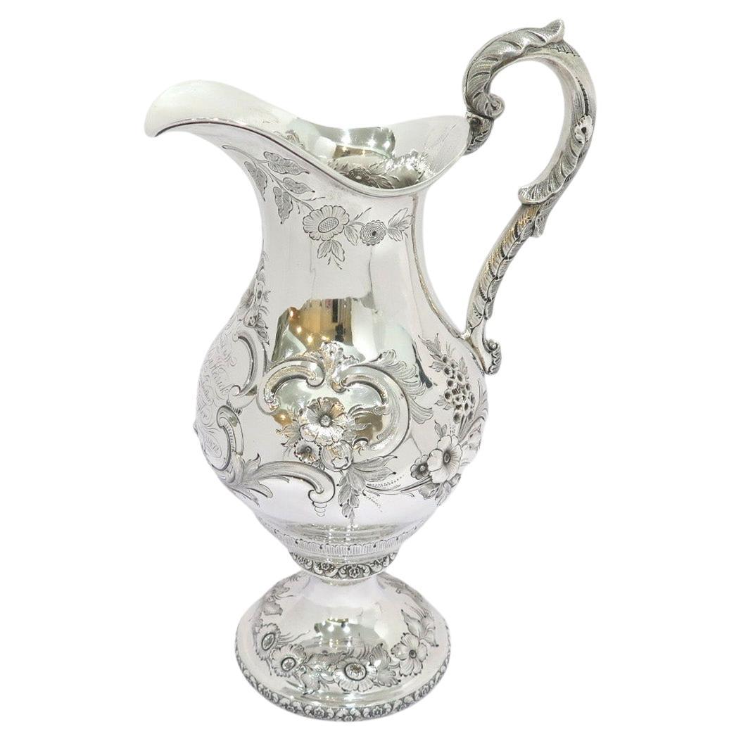 Coin Silver J. & W. Moir Antique c. 1852 Floral Repousse Pitcher