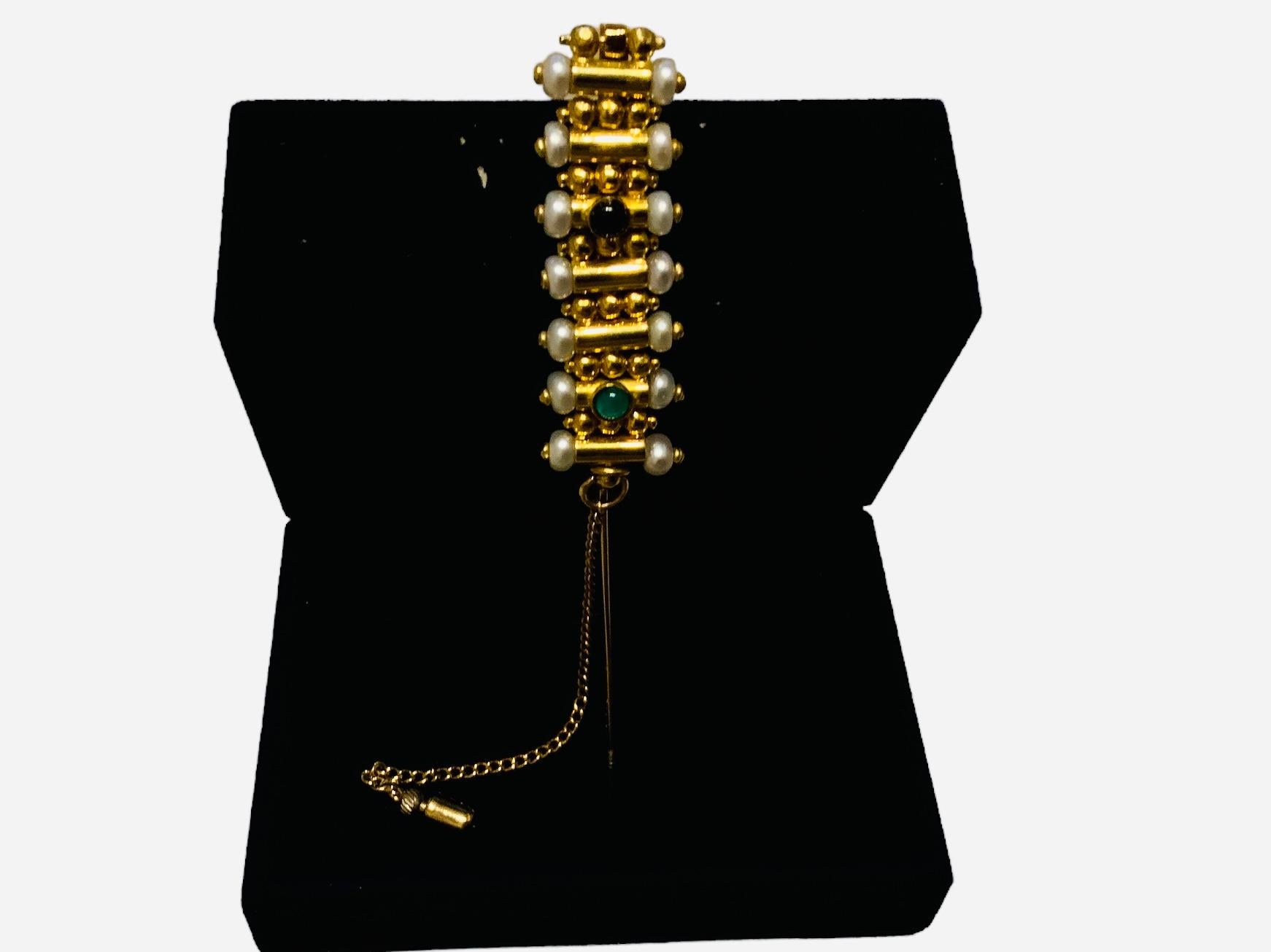 14 And 20K Yellow Gold Cultured Pearls, Emerald And Sapphire Pin/Brooch 5
