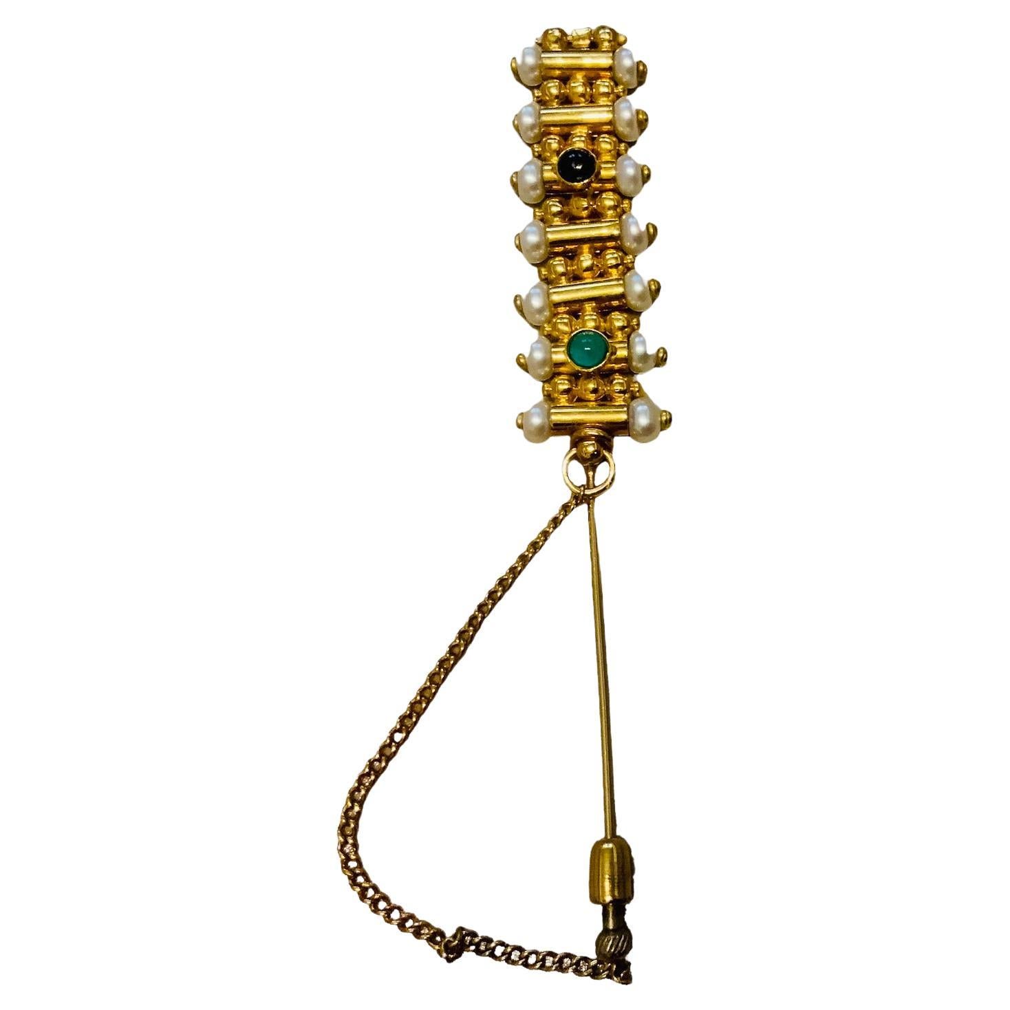 14 And 20K Yellow Gold Cultured Pearls, Emerald And Sapphire Pin/Brooch For Sale
