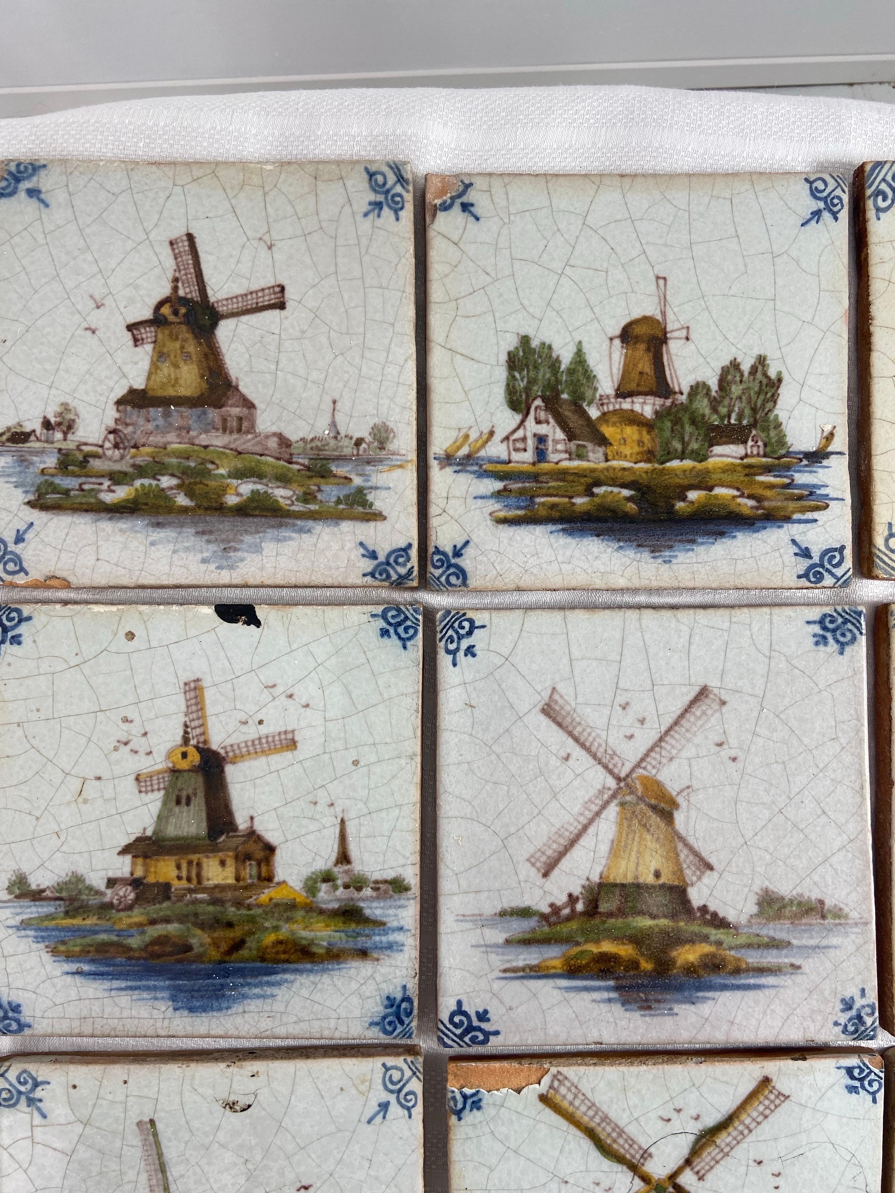 Dutch 14 Antique Delft Tiles Windmill Scenes For Sale