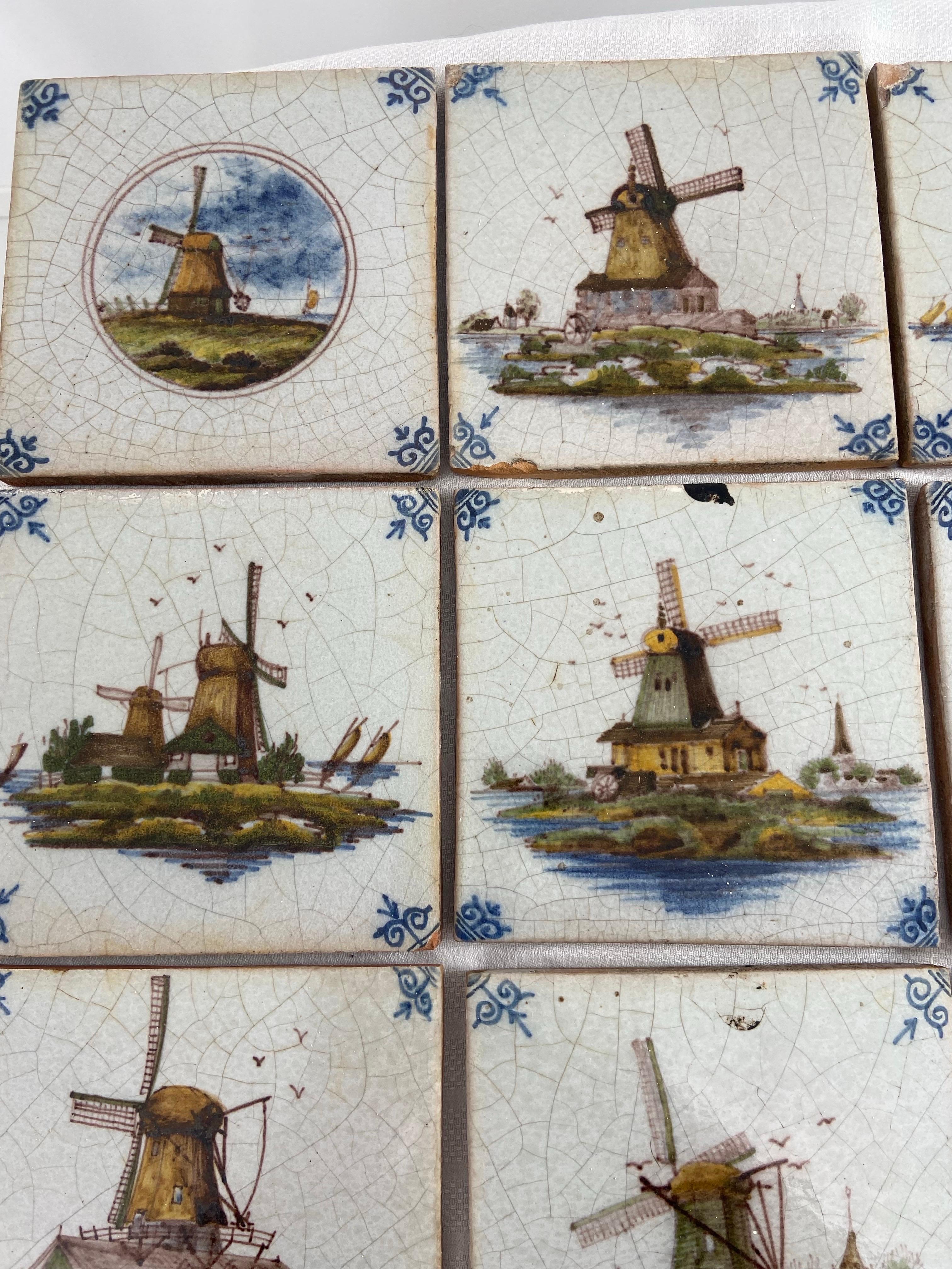 14 Antique Delft Tiles Windmill Scenes In Good Condition For Sale In West Palm Beach, FL