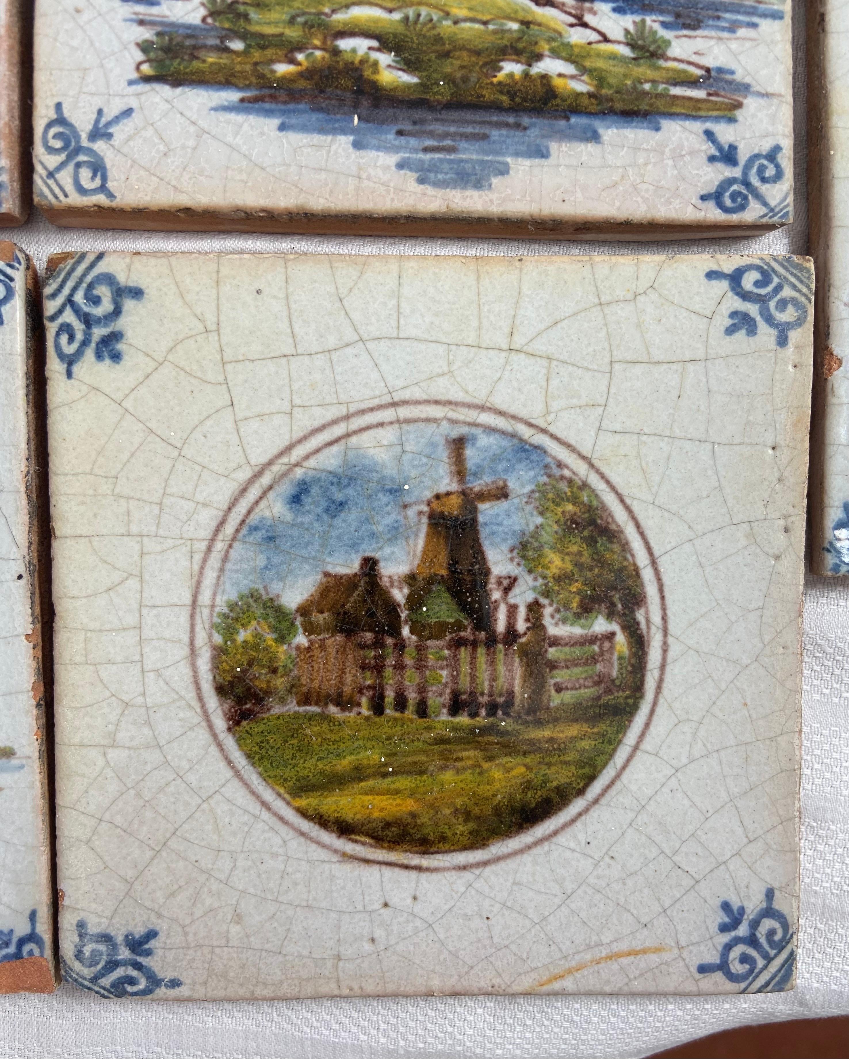19th Century 14 Antique Delft Tiles Windmill Scenes For Sale