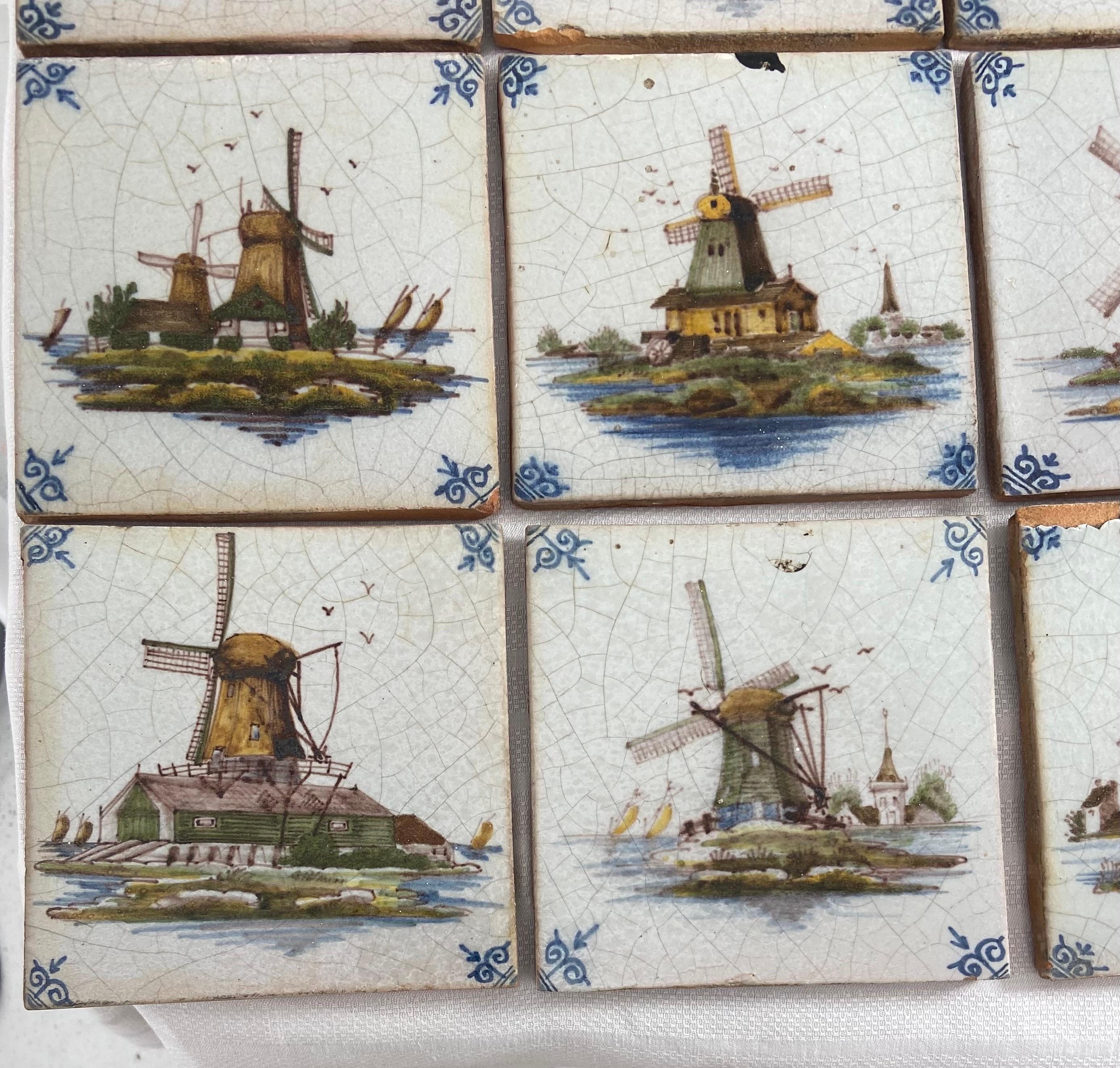 Pottery 14 Antique Delft Tiles Windmill Scenes For Sale