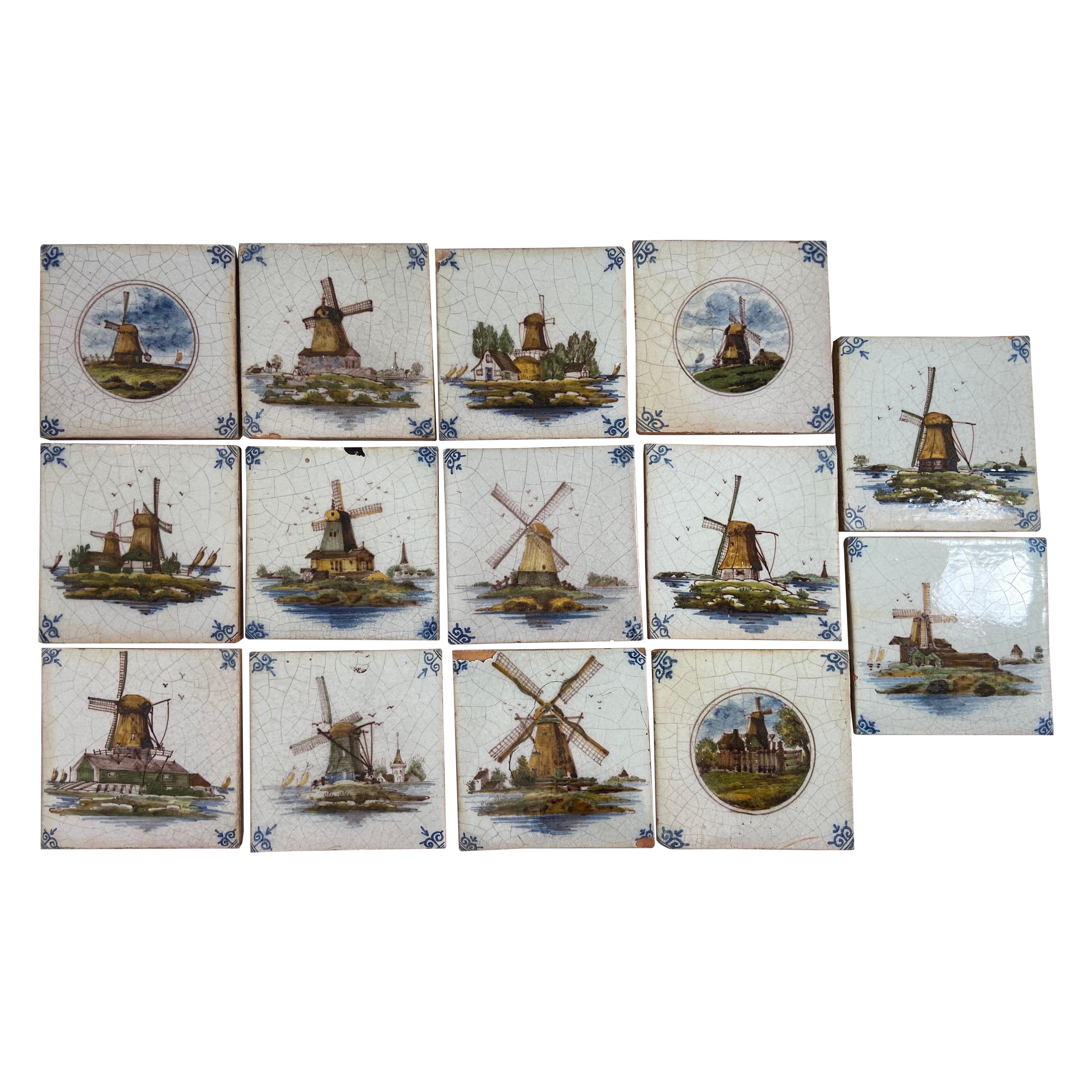 14 Antique Delft Tiles Windmill Scenes For Sale