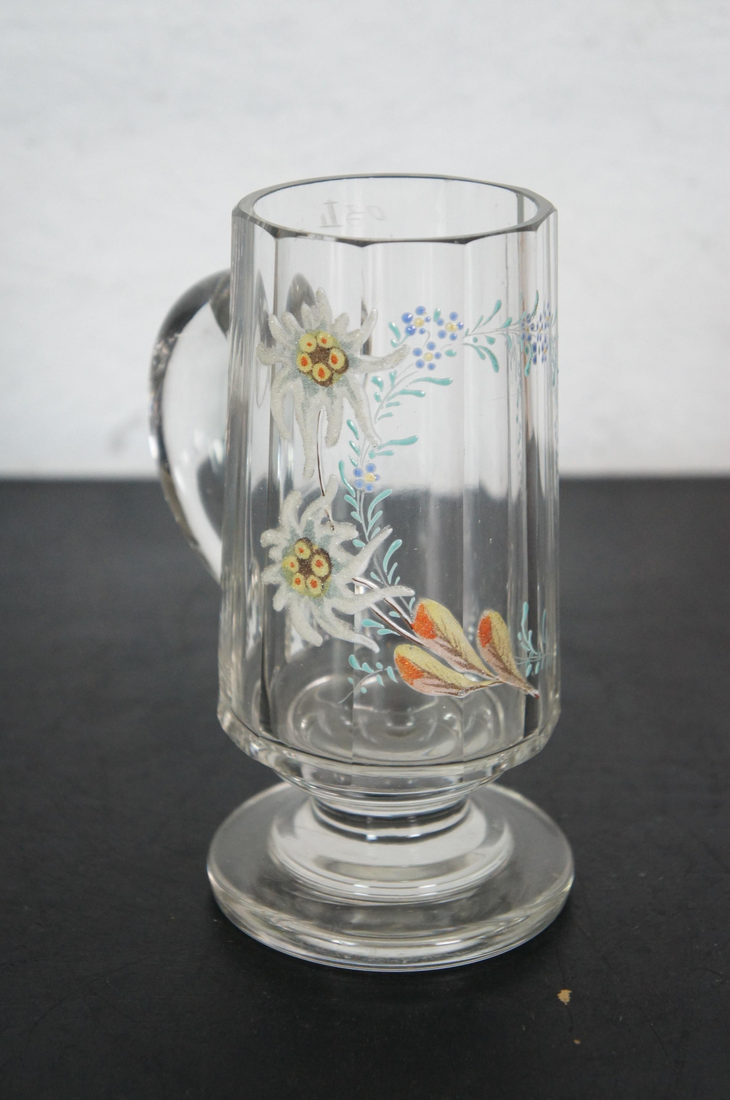 14 Copas y Decantador de Cerveza Alemanes Antiguos de Recuerdo con Esmalte Floral Vidrio