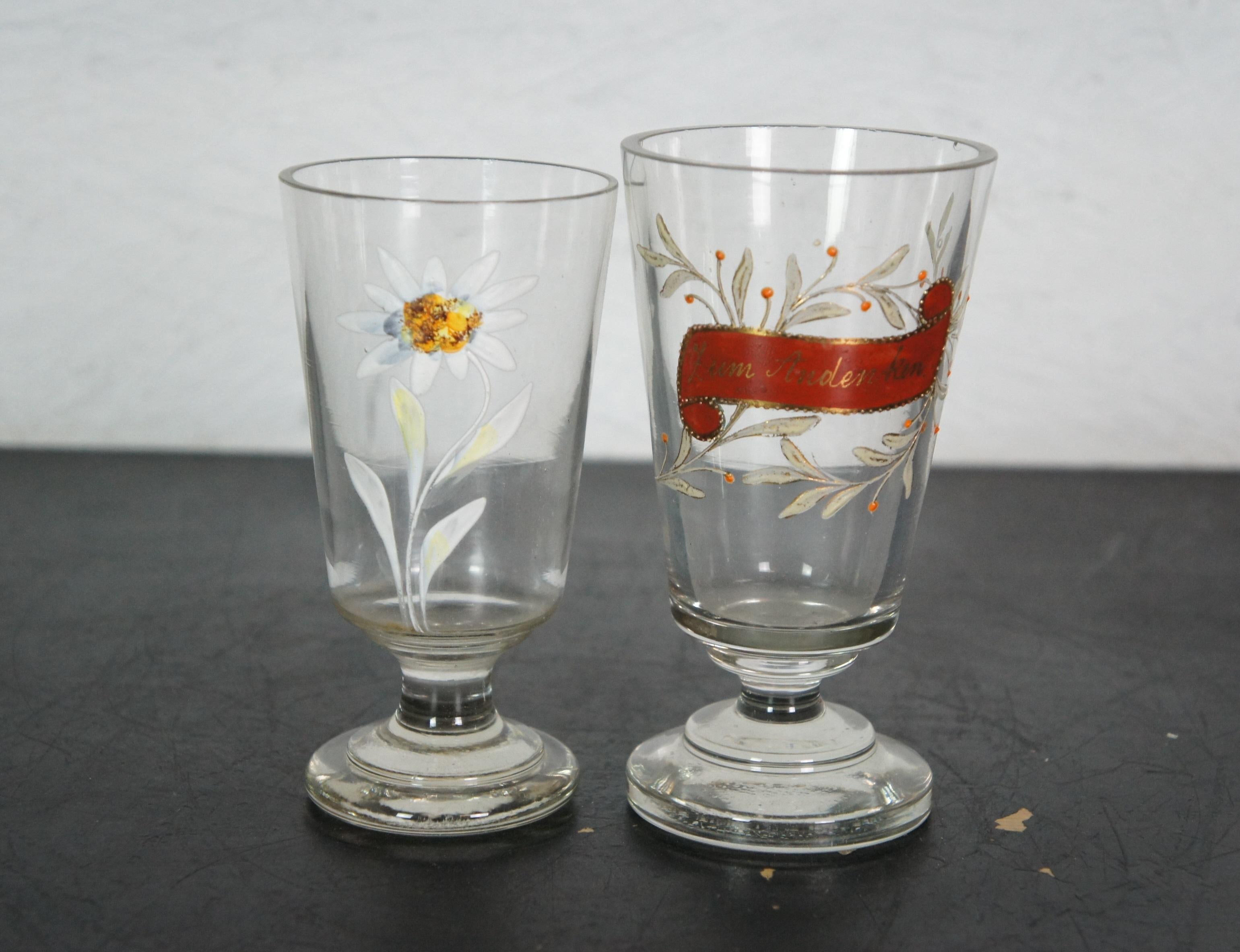14 Copas y Decantador de Cerveza Alemanes Antiguos de Recuerdo con Esmalte Floral 1