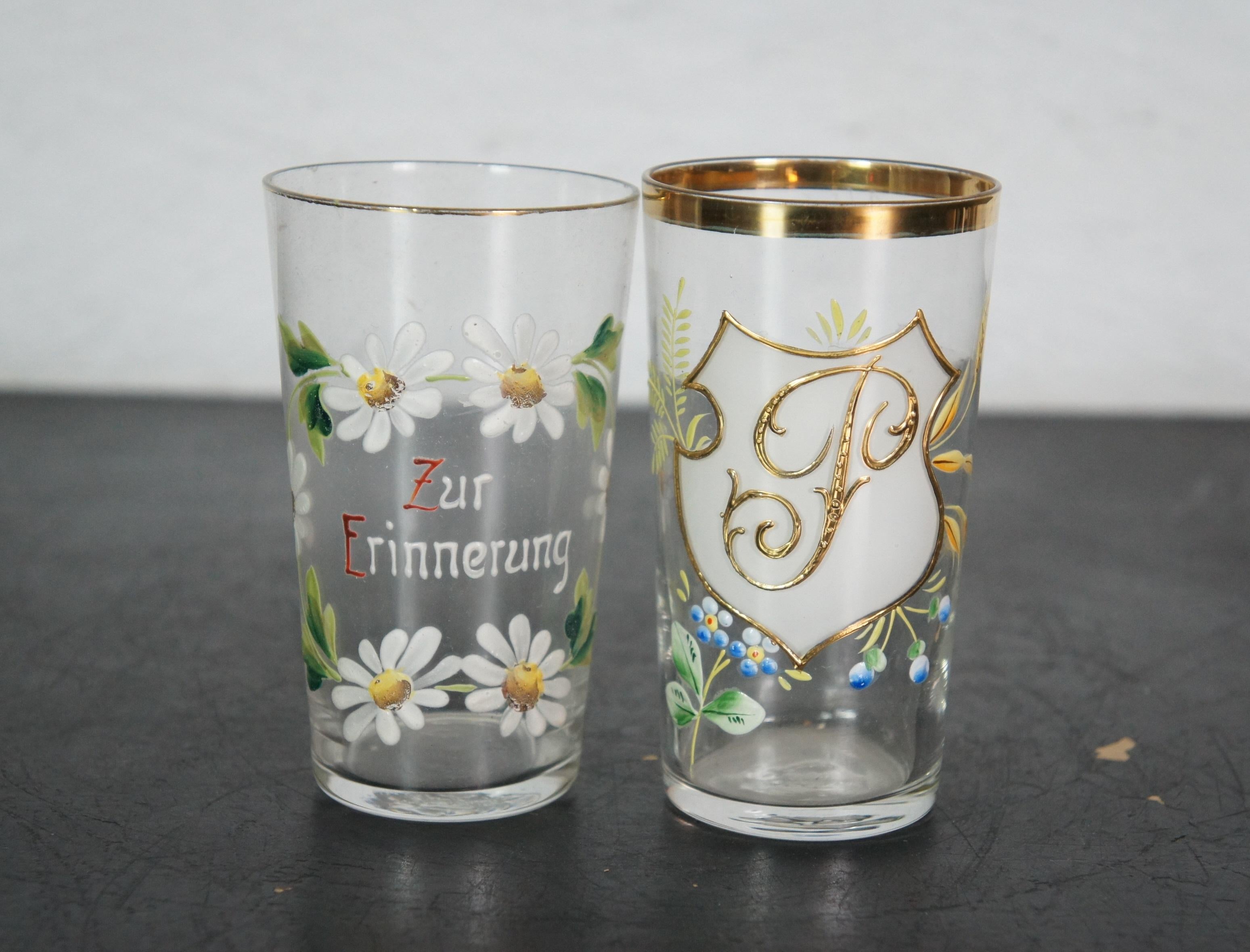 14 Copas y Decantador de Cerveza Alemanes Antiguos de Recuerdo con Esmalte Floral 3