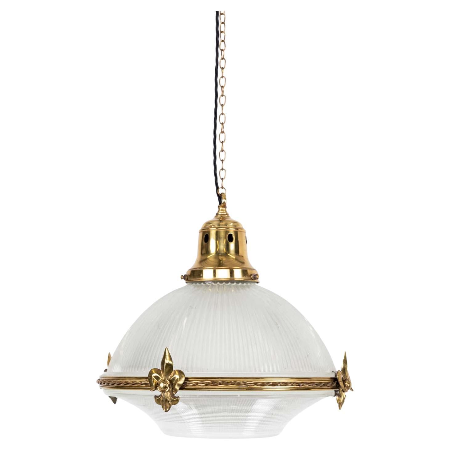 14" Brass Holophane 'Reflector-Refractor' Prismatic Glass Pendant Light, c.1920 For Sale