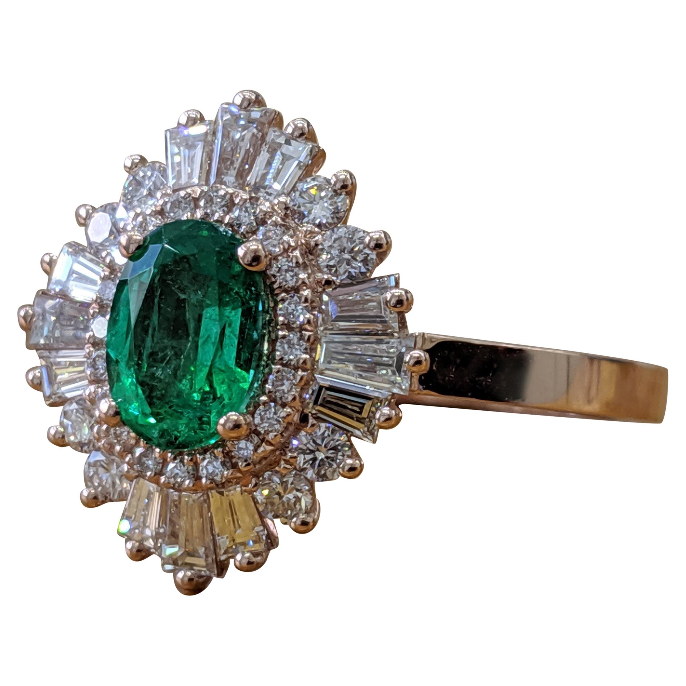 1.4 Carat 14 Karat Rose Gold Oval Cut Green Emerald Gatsby Style Engagement Ring