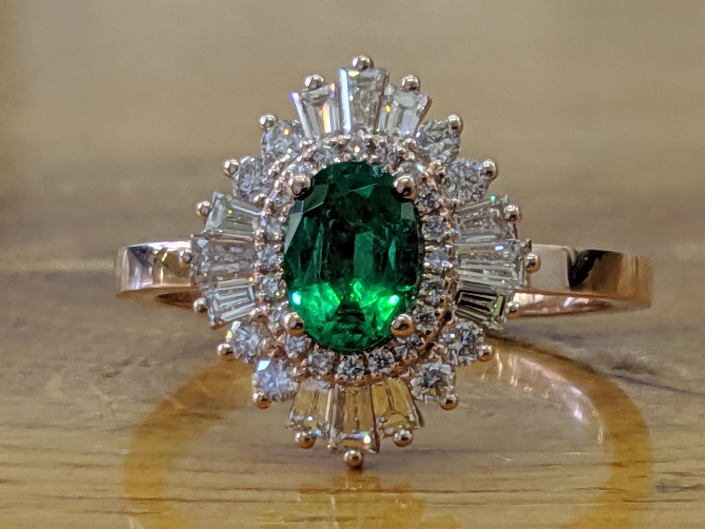 Emerald Engagement Ring, Rose Gold Diamond Engagement Ring, Vintage Emerald Halo Ring, Gatsby Emerald Ring, Natural Green Oval Emerald Ring
 
 Main Stone Name: Oval Cut Emerald
 Main Stone Weight: 3/4ct.
 Main Stone Clarity: Eye Clean
 Main Stone