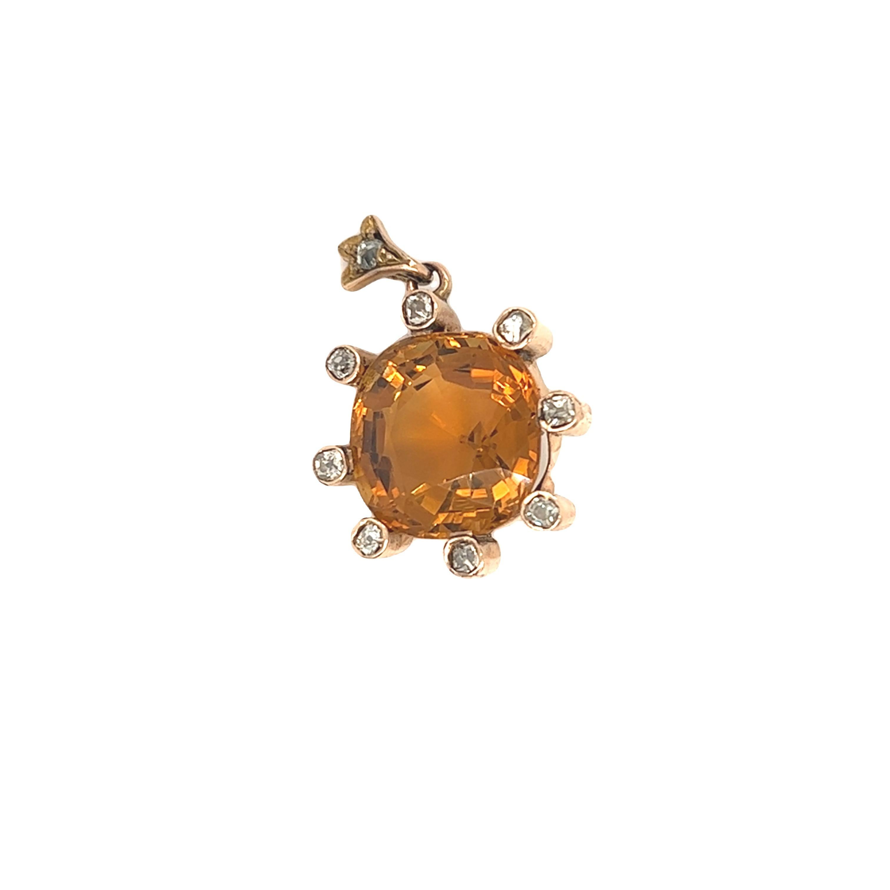 This beautiful nature inspired antique pendant features a square cushion shaped yellow citrine weighing approximately 14 carats. The citrine is encircled with old mine cut diamond weighing 0.25 carat in total.

Citrine: 14 carats (approx)
Diamond: