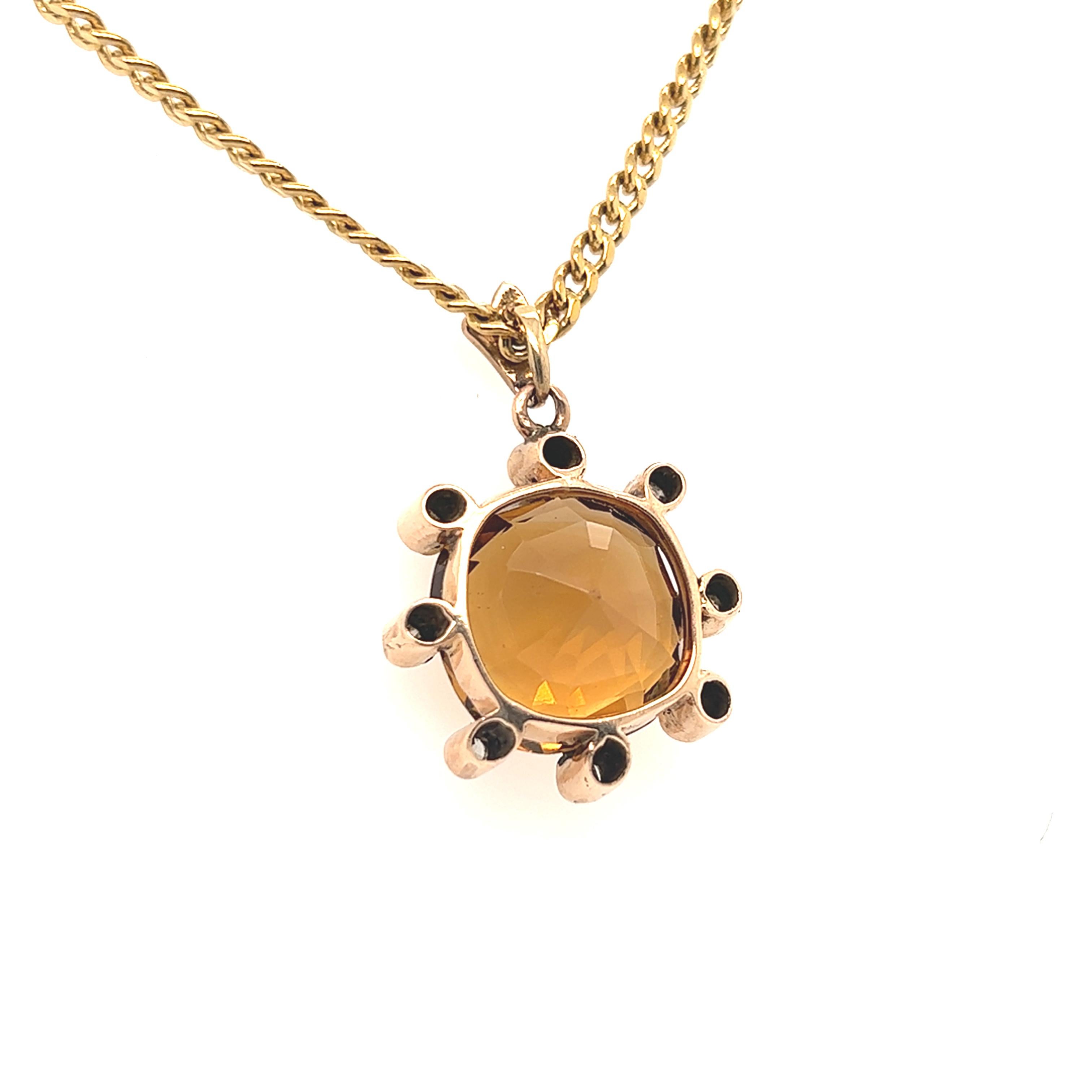 Women's or Men's 14 Carat Antique Cushion Shaped Citrine and Old Mine Cut Diamond Pendant For Sale
