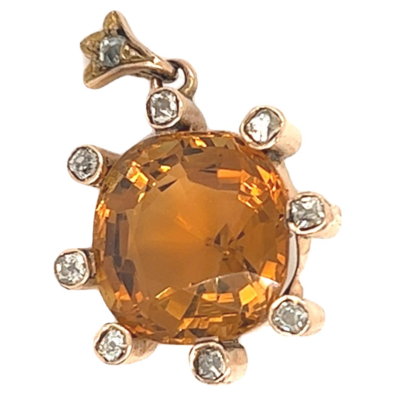 14 Carat Antique Cushion Shaped Citrine and Old Mine Cut Diamond Pendant For Sale