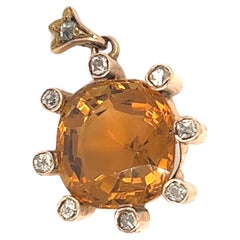 Pendentif ancien en citrine en forme de coussin de 14 carats et diamants taille vieille mine