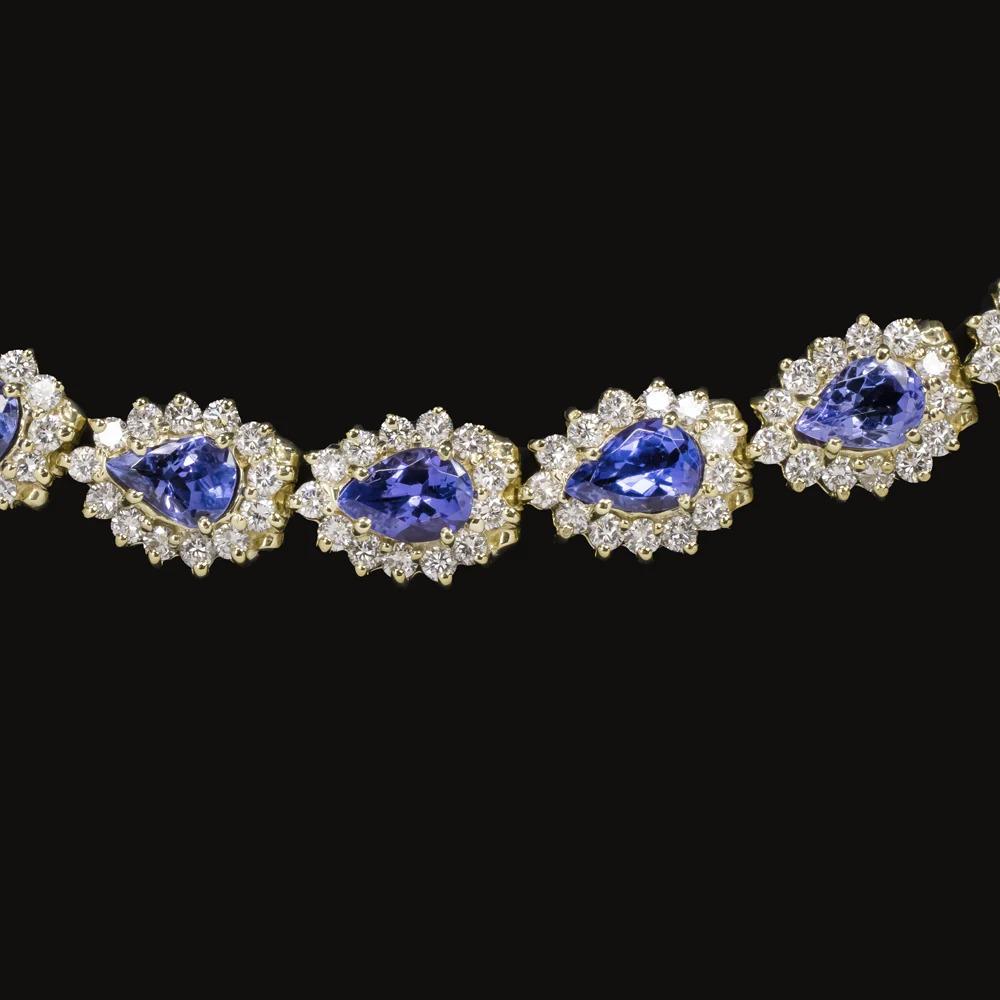 Art Deco 14 Carat Blue Tanzanite Diamond 18 Carat Yellow Gold Bracelet For Sale