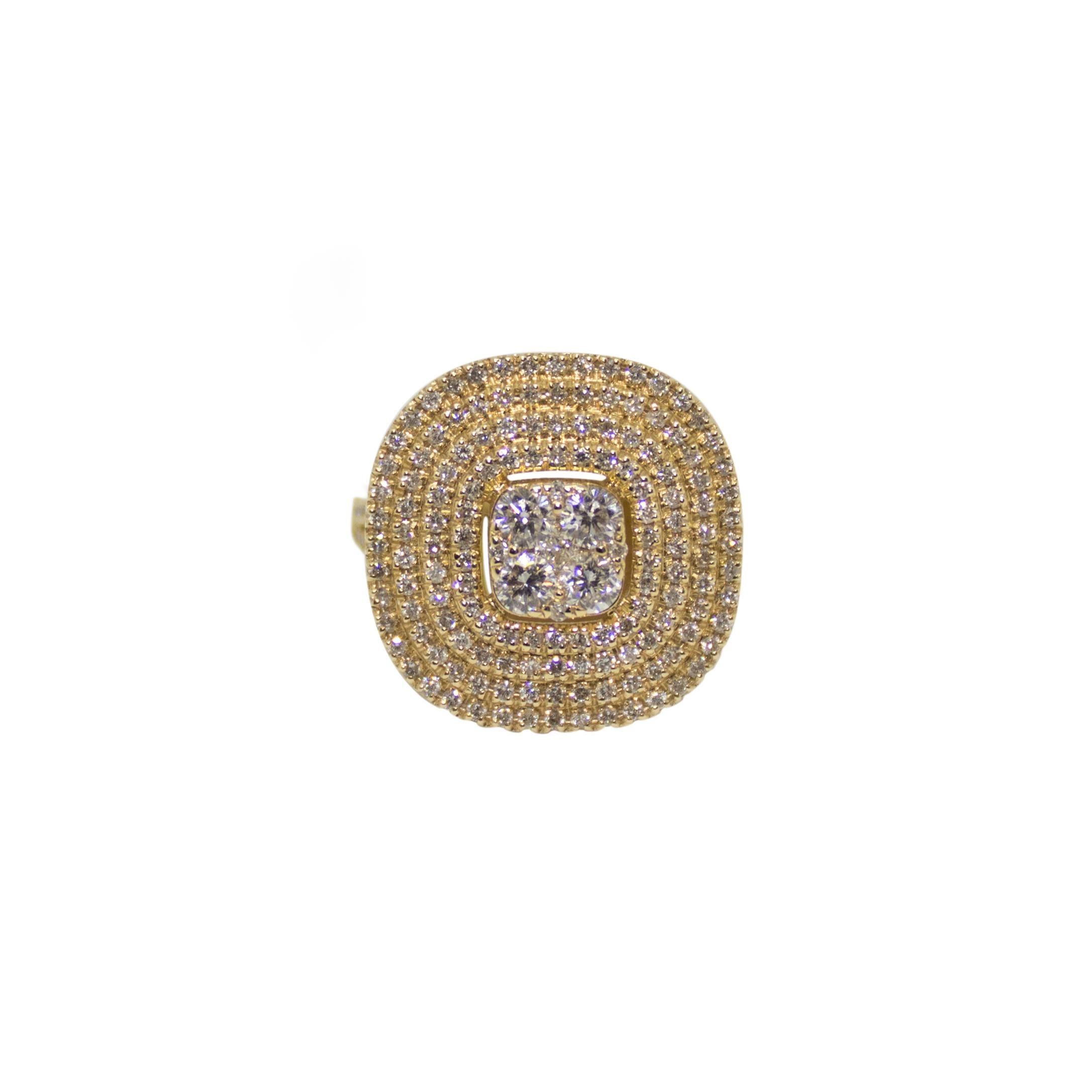 Contemporary 1.4 Carat Centre Stone Diamond Cluster within a Triple Halo in Yellow Gold For Sale