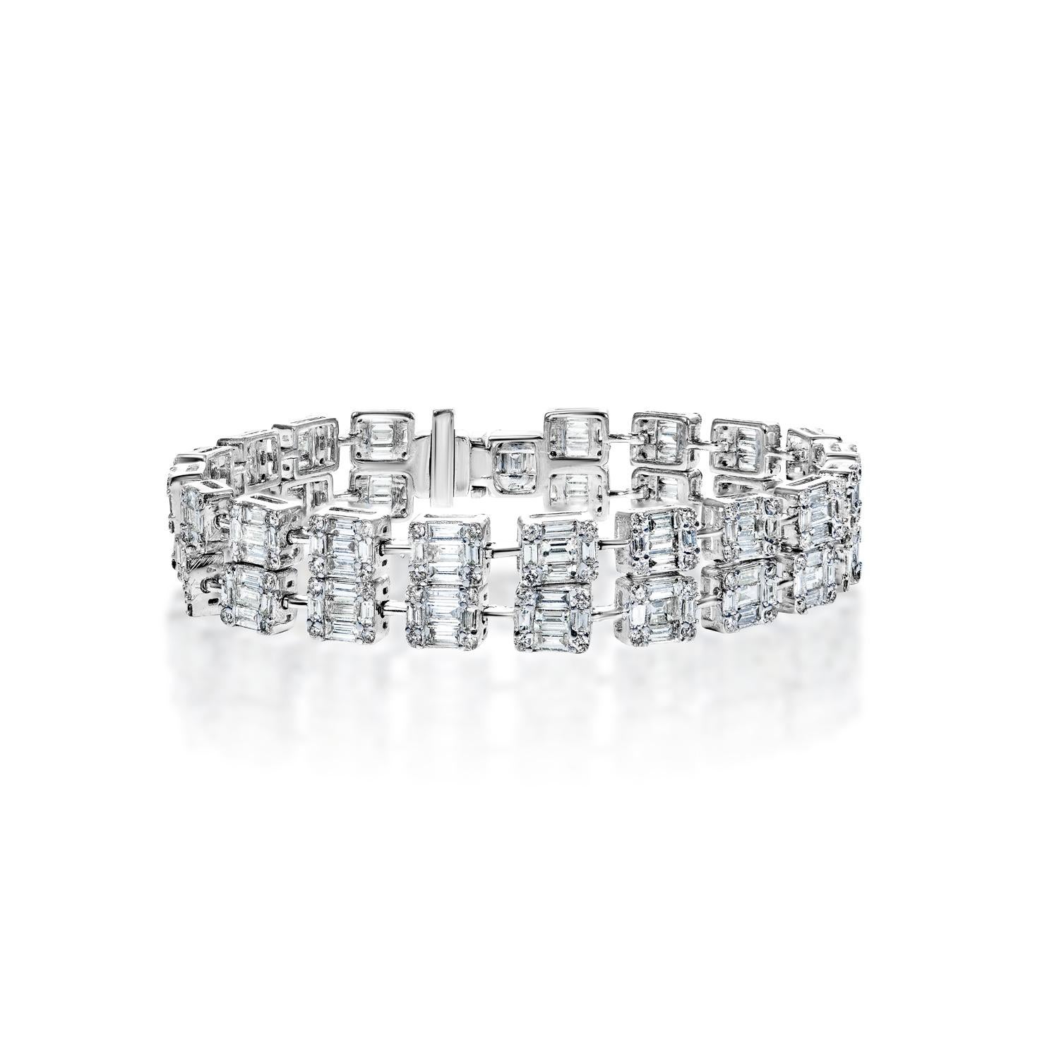 Style: Diamond Double Row Bracelet
Diamonds
Diamond Size: 14.25 Carats
Diamond Shape: Combine Mixed Shape


Setting
Metal: 14K White Gold
Metal Weight: 30.00 Grams
Clasp: Box catch with hidden safety

Total Carat Weight: 14.25 Carats