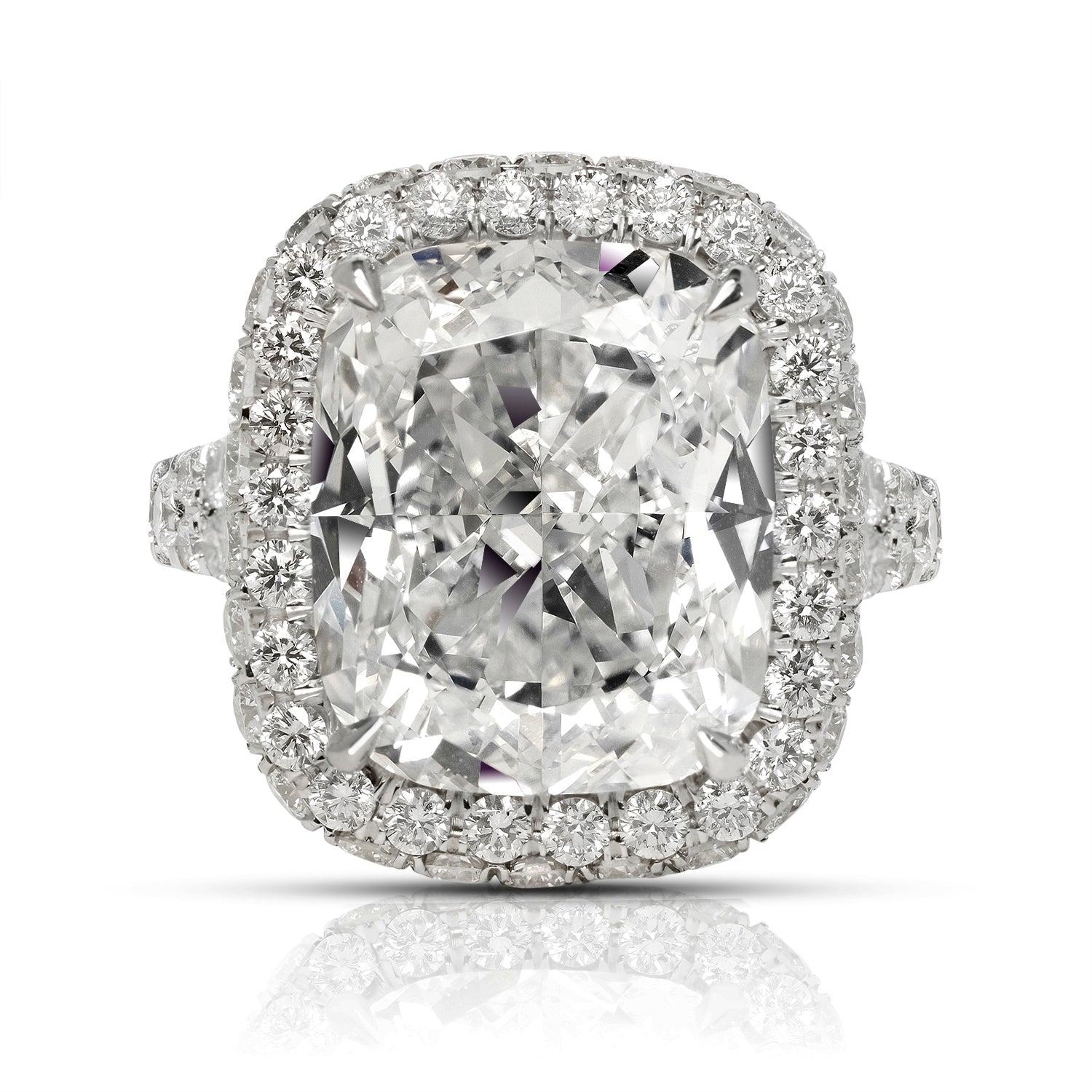 HAZEL DIAMOND ENGAGEMENT PLATINIUM RING BY MIKE NEKTA
GIA CERTIFIED

Center Diamond:
Carat Weight: 10.72 Carats
Color : E*
Clarity: VVS2
Style: CUSHION MODIFIED BRILLIANT
Approximate Measurements: 13.9 x 11.6 x 7.5 mm
* This diamond has been treated