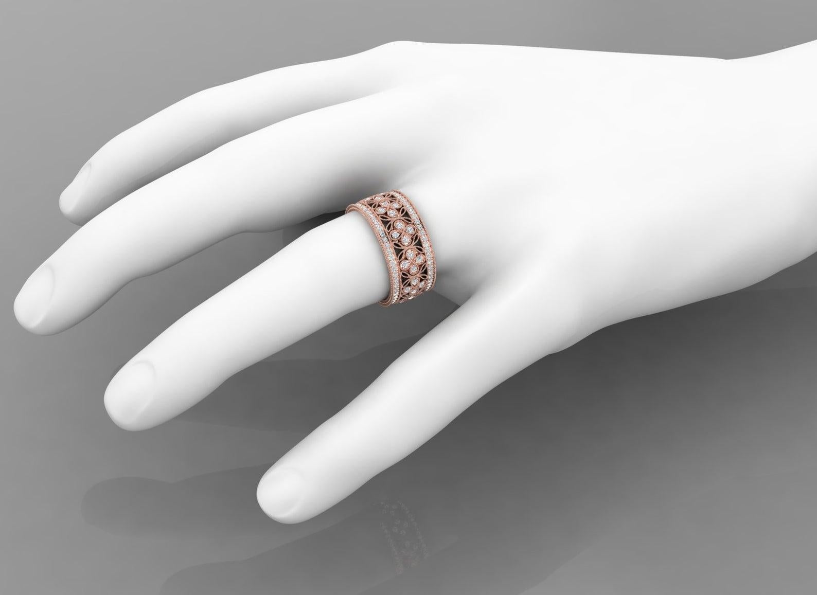 Dieser Ring wurde sorgfältig aus 18 Karat Gold gefertigt und von Hand mit 1,40 Karat funkelnden Diamanten besetzt. Erhältlich in Rosé-, Weiß- und Gelbgold.

Der Ring hat die Größe 7 und kann auf Anfrage größer oder kleiner gemacht werden. 
FOLGEN 