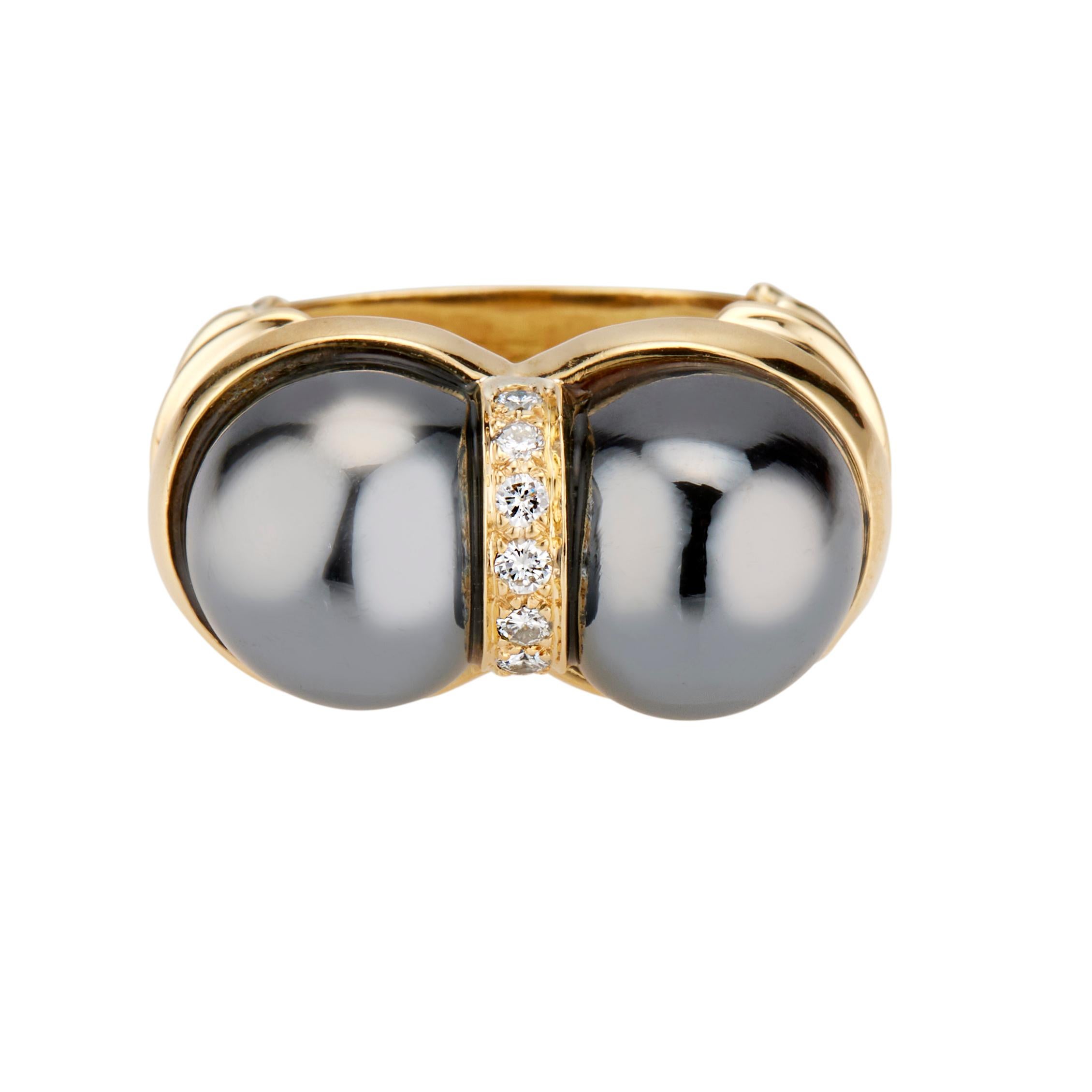 .14 Carat Diamond Hematite Bead Yellow Gold Cocktail Ring In Good Condition For Sale In Stamford, CT