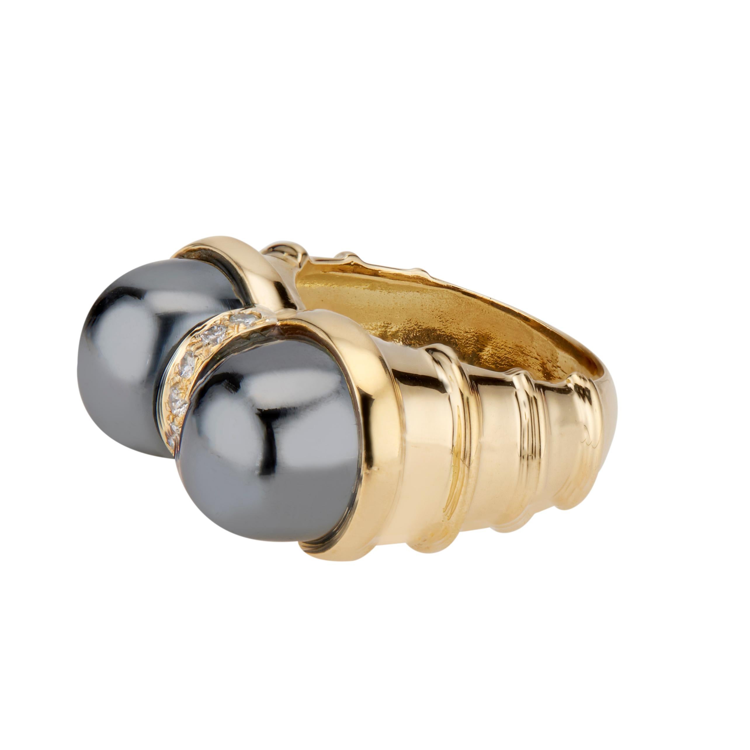 Women's .14 Carat Diamond Hematite Bead Yellow Gold Cocktail Ring For Sale