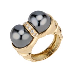 Bague cocktail en or jaune avec perles d'hématite et diamants de 0,14 carat