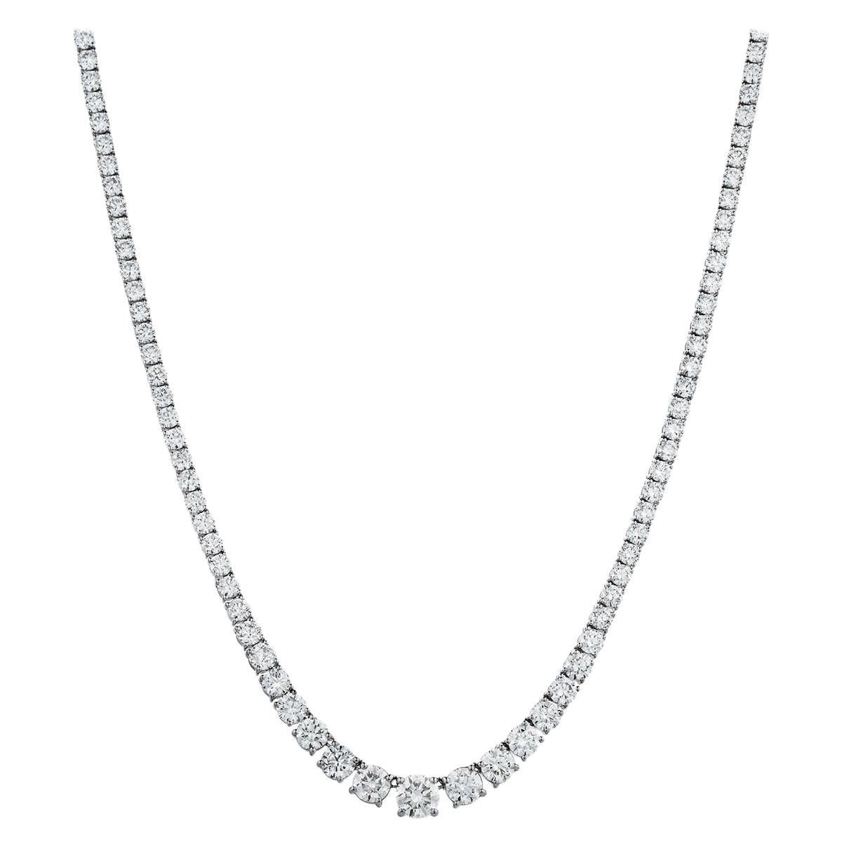 14 Carat Diamond Tennis Necklace 18 Karat White Gold 4 Claws Set Line Riviera For Sale