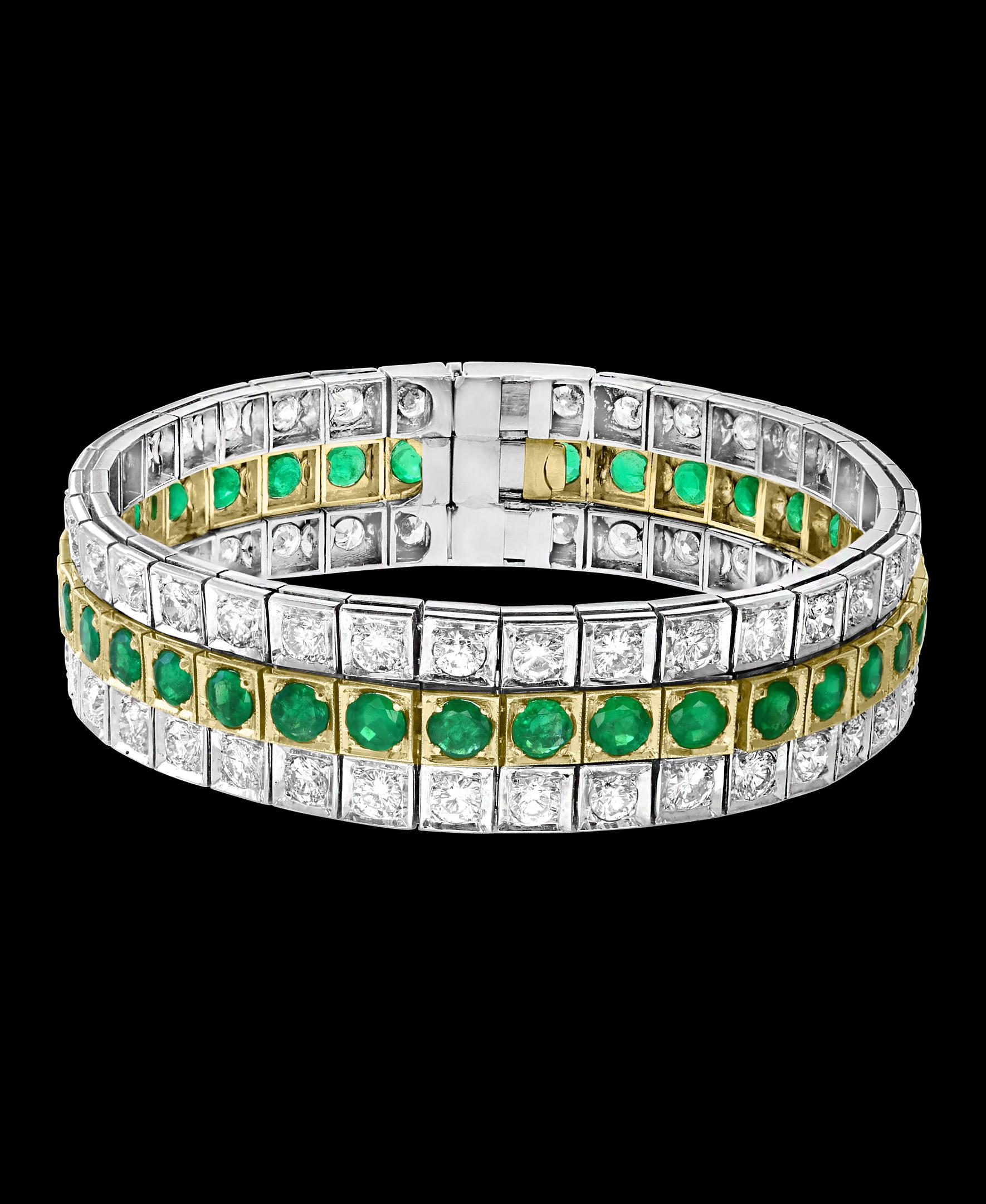 14 Carat Diamonds and 8 Carat Colombian Emerald Platinum  & 18 Karat  Yellow Gold Cocktail Tennis Bracelet Estate
A spectacular jewelry piece from Estate. This exceptional bracelet has  three rows . Both side rows have around 70 round diamonds