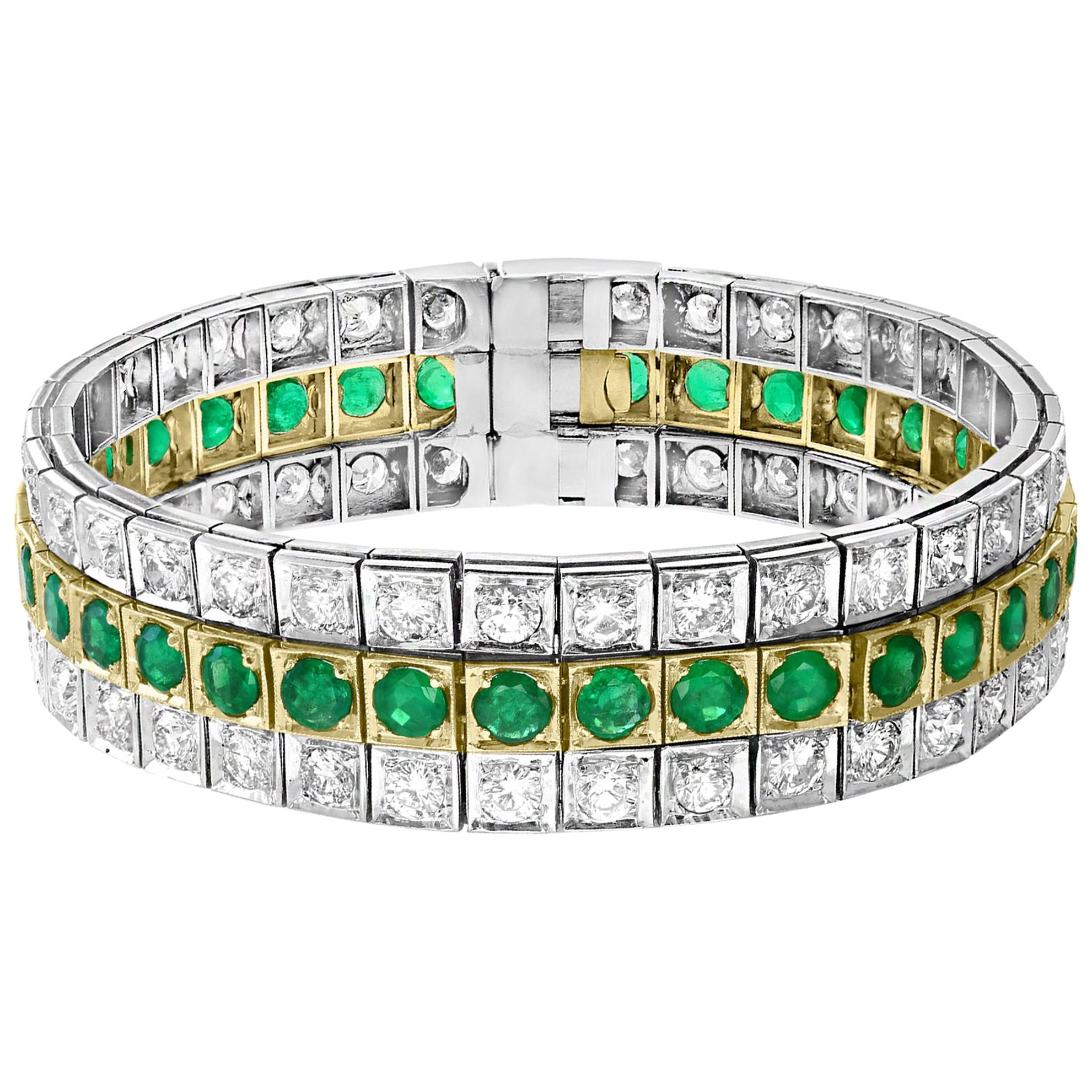 Bracelet tennis en platine avec diamants 14 carats et émeraudes de Colombie de 8 carats, ancienne propriété de 20,3 cm