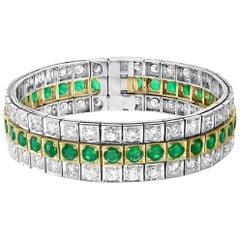 Bracelet tennis en platine avec diamants 14 carats et émeraudes de Colombie de 8 carats, ancienne propriété de 20,3 cm