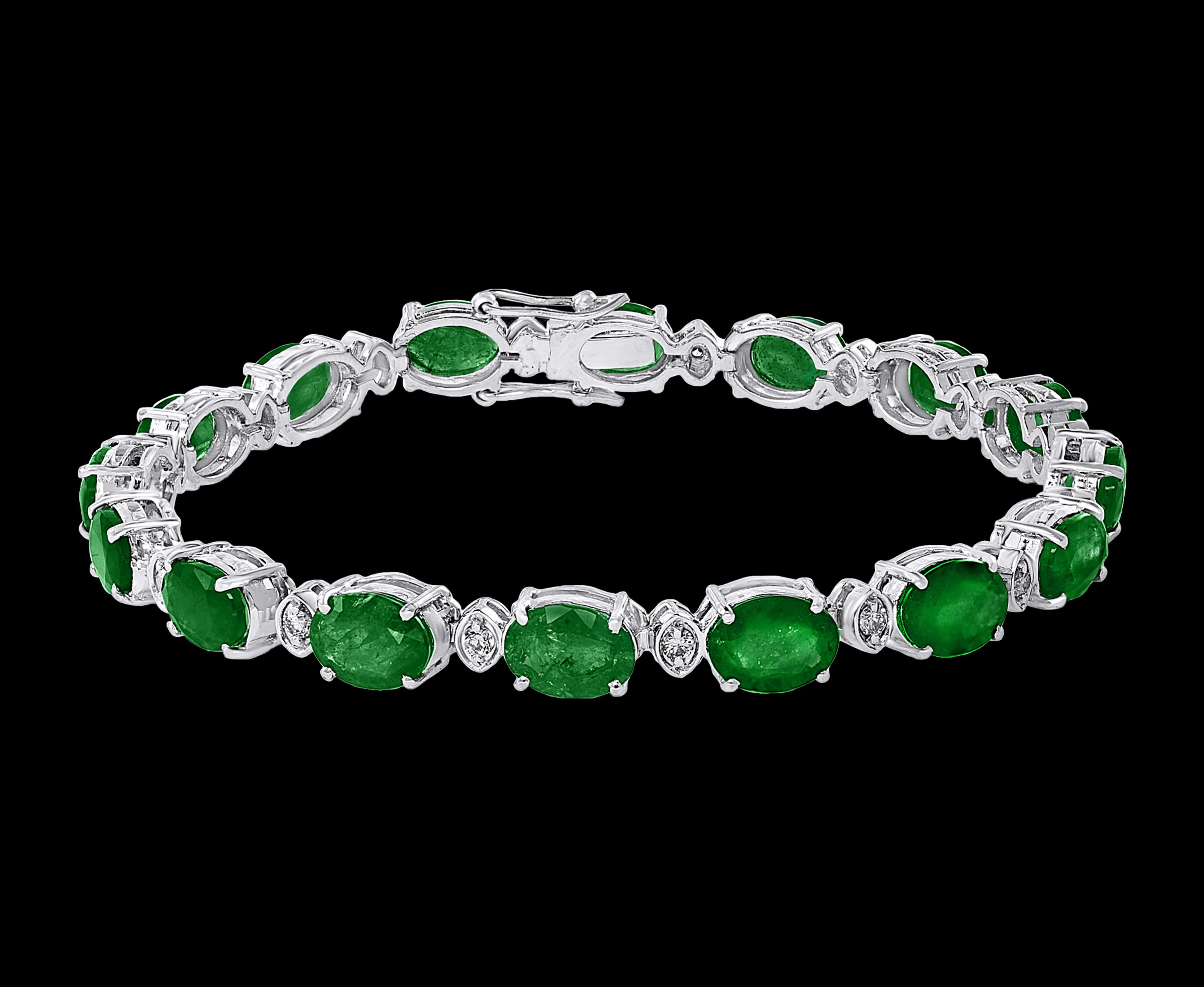  This exceptionally affordable Tennis  bracelet has  16 stones of oval  Emeralds  . Each Emerald is spaced by a single diamonds .Total weight of Emerald is approximately 14 carat. Total number of diamonds are 16 and diamond weighs 0.80 ct.
The