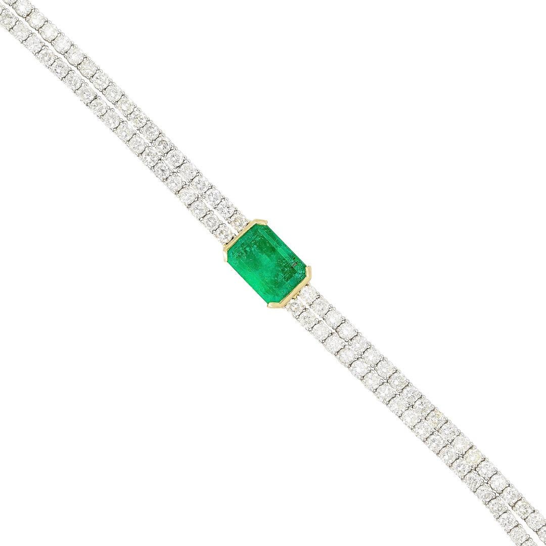 14 Carat Emerald Center and Diamond 2 Strand Tennis Bracelet For Sale 5