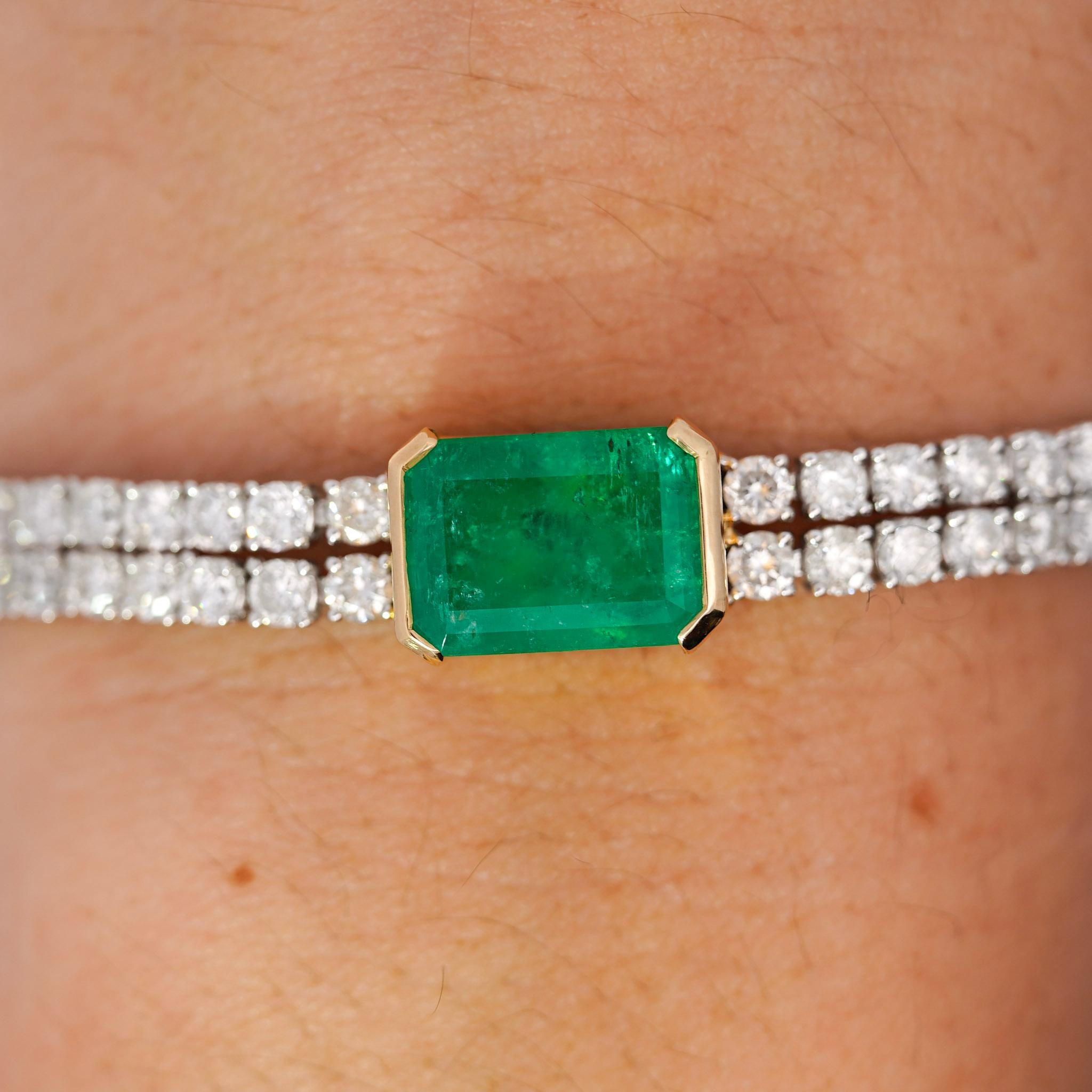 14 Carat Emerald Center and Diamond 2 Strand Tennis Bracelet For Sale 11
