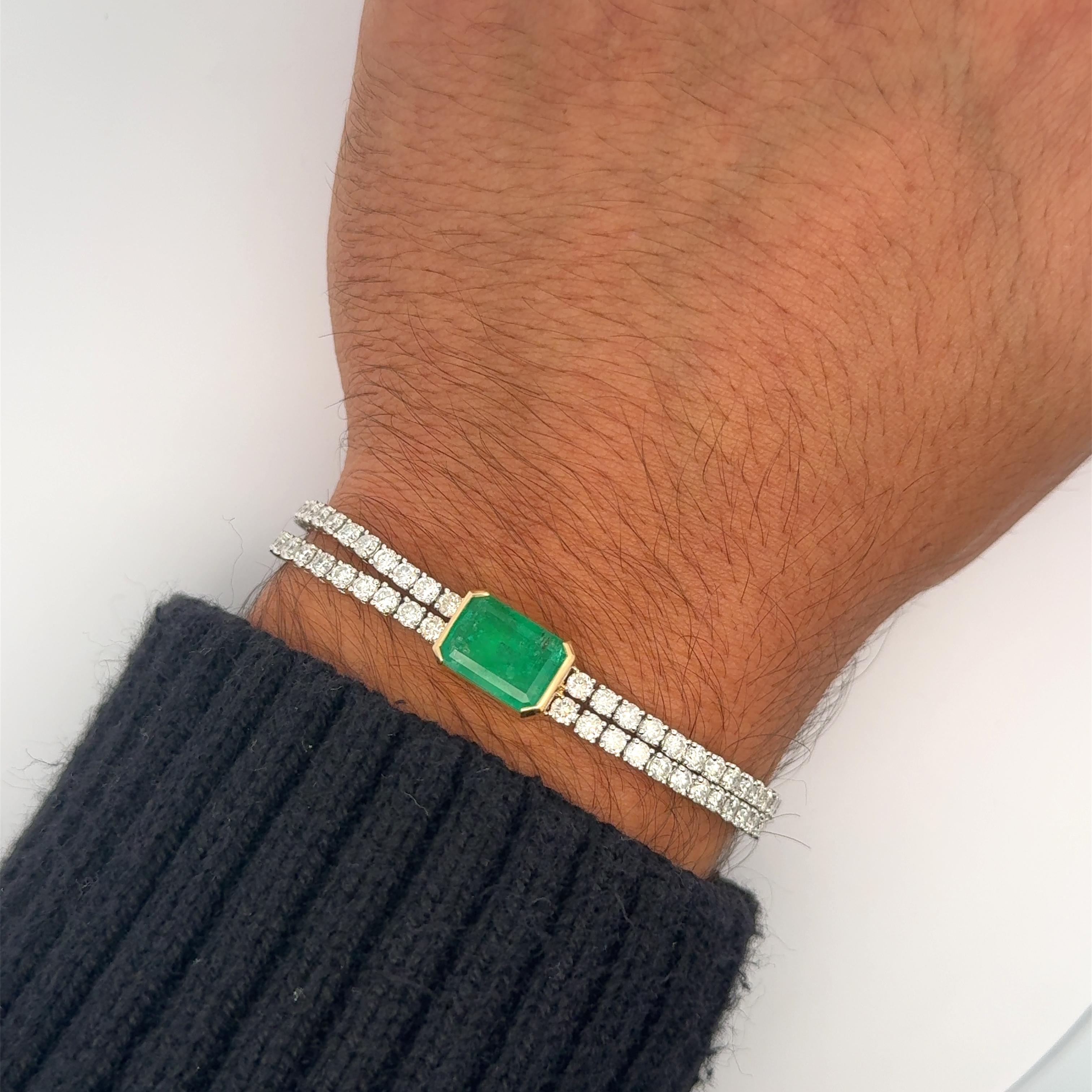 14 Carat Emerald Center and Diamond 2 Strand Tennis Bracelet For Sale 13
