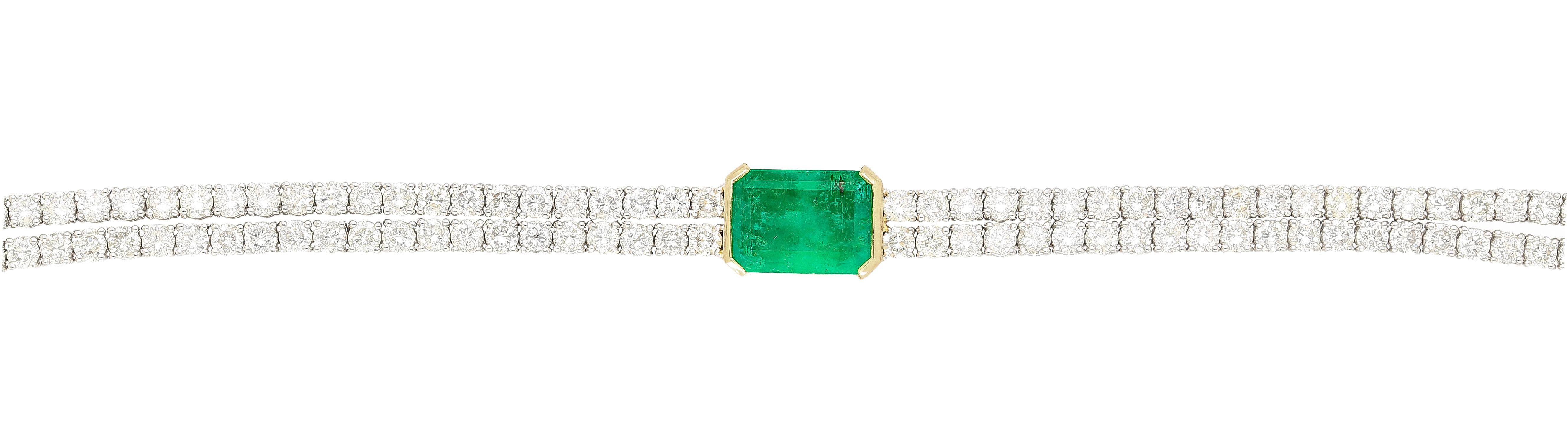 Art Deco 14 Carat Emerald Center and Diamond 2 Strand Tennis Bracelet For Sale