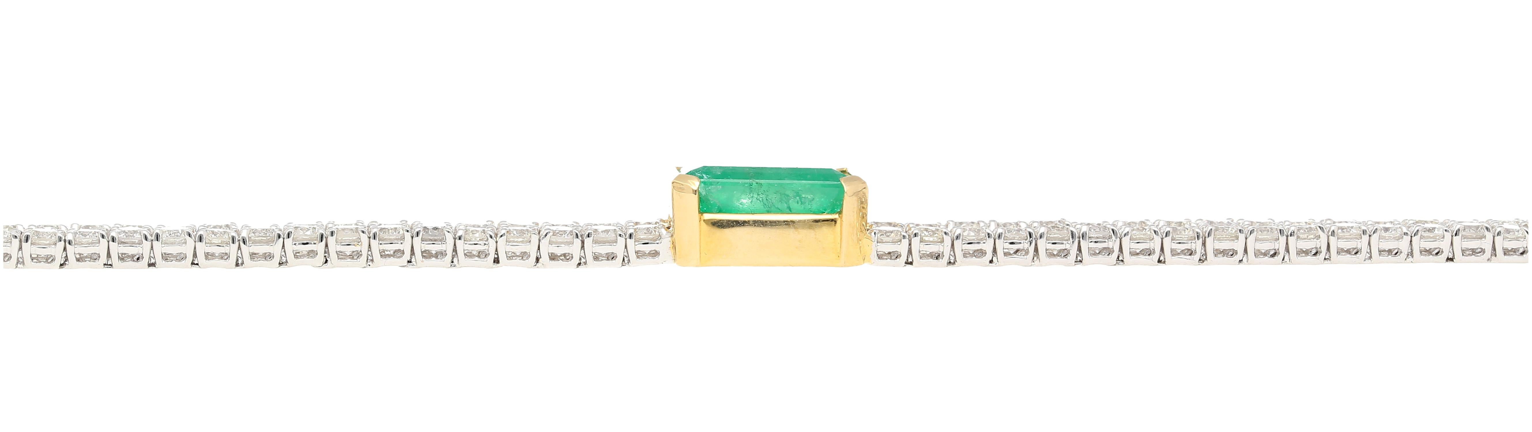 Women's or Men's 14 Carat Emerald Center and Diamond 2 Strand Tennis Bracelet For Sale