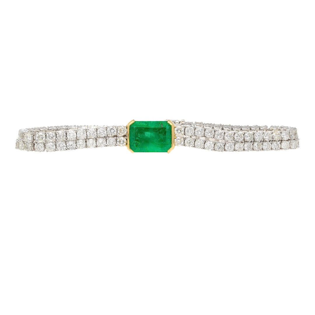 14 Carat Emerald Center and Diamond 2 Strand Tennis Bracelet For Sale 2
