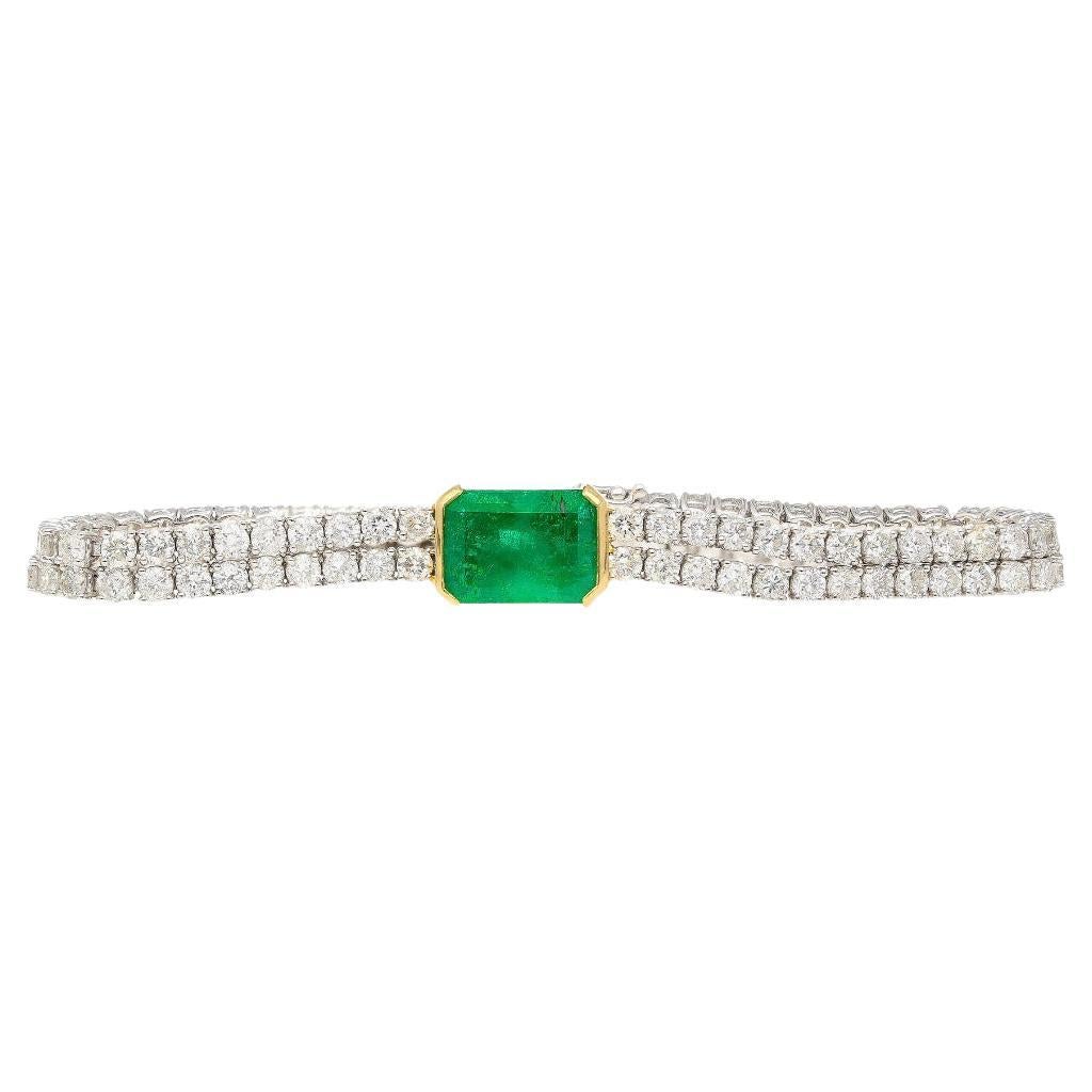 14 Carat Emerald Center and Diamond 2 Strand Tennis Bracelet For Sale