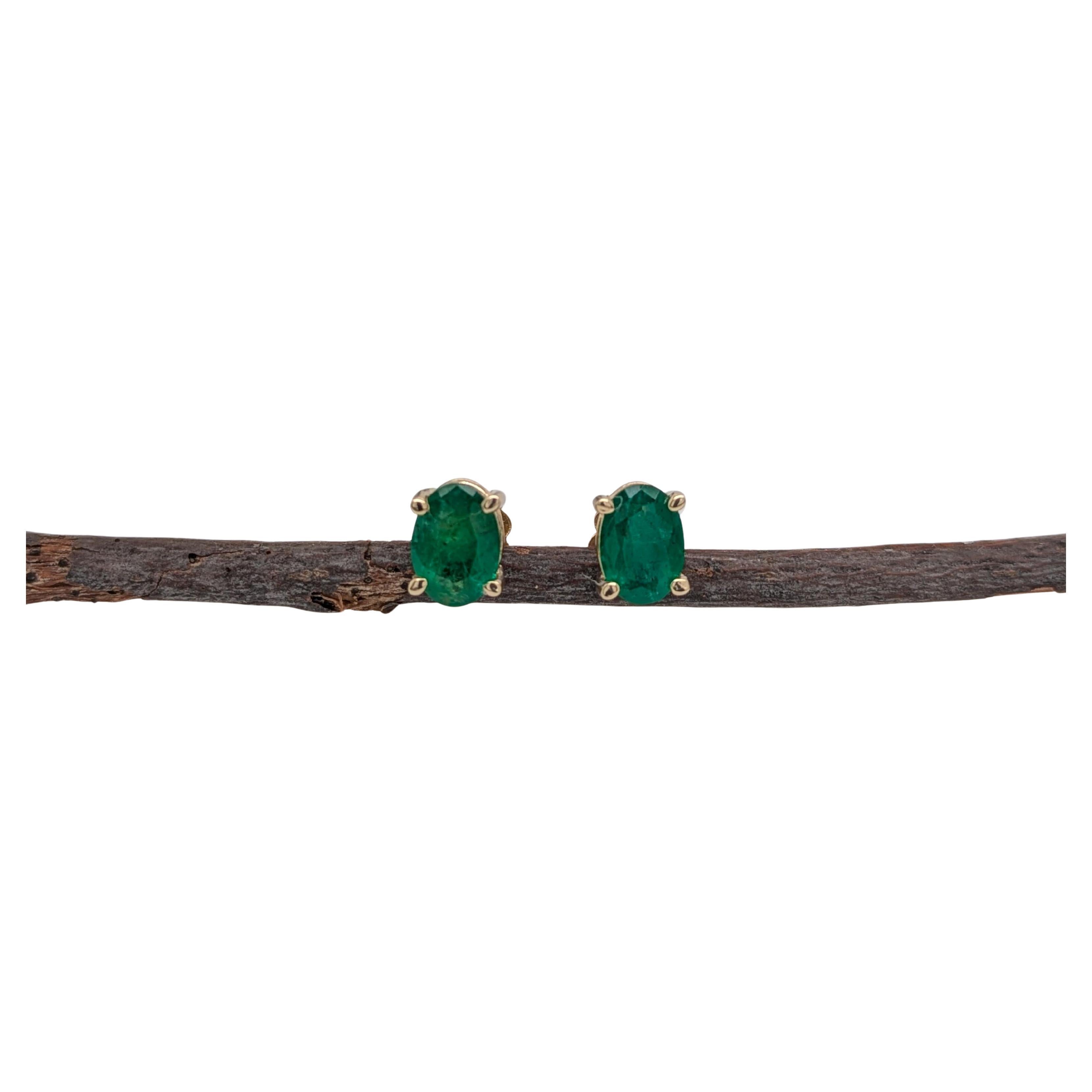 Oval 7x5mm - Zambian Emerald Solitaire Studs in Solid 14K Yellow Gold - 4 Prongs