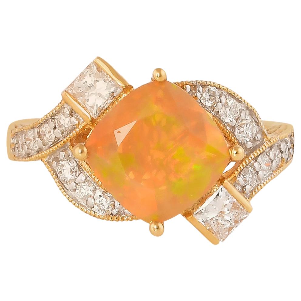 1.4 Carat Ethiopian Opal with Diamond Ring in 18 Karat Yellow Gold For Sale
